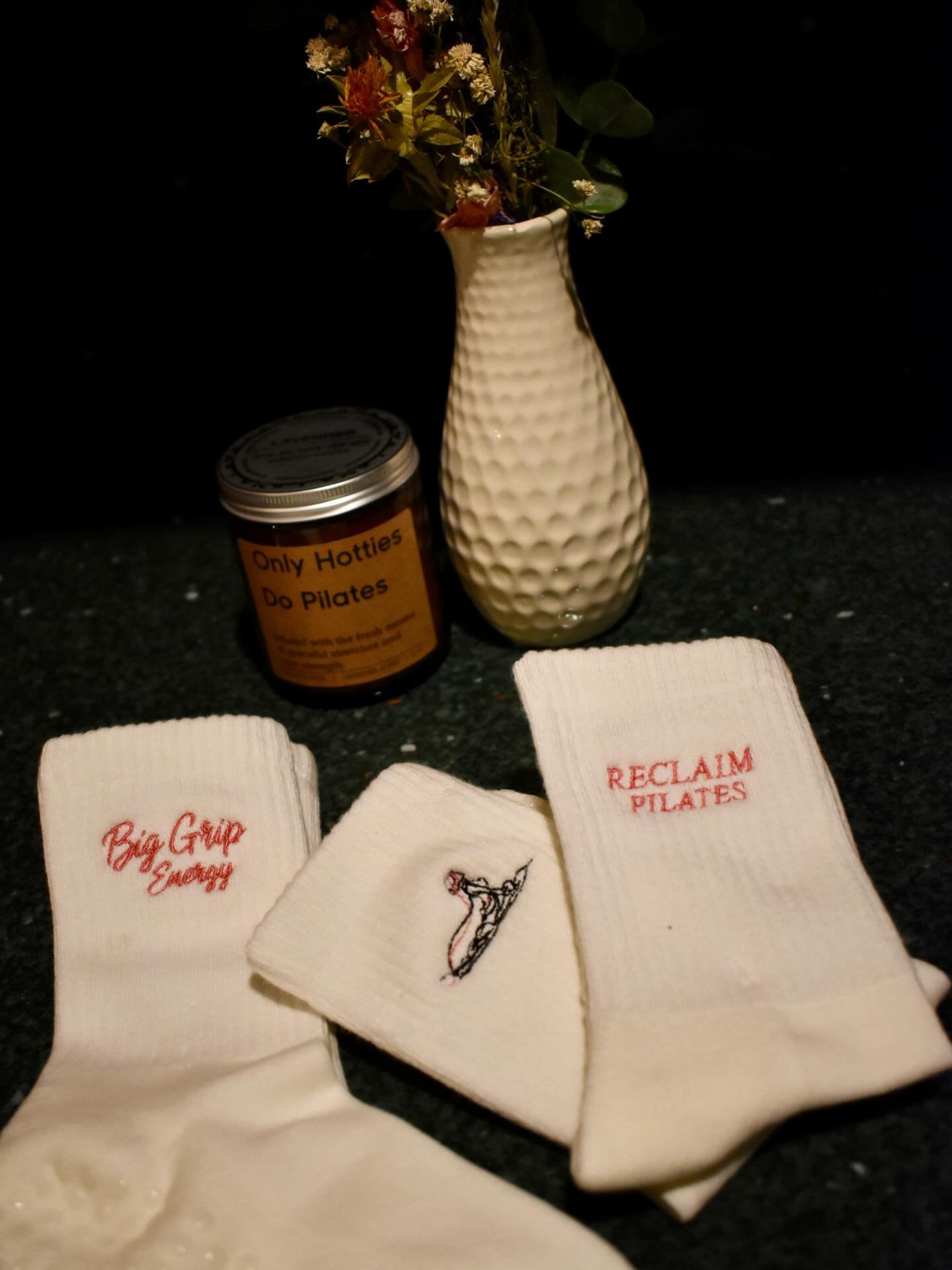 Alrighty, my custom embroidered grippy socks are finally available for sale! Soft with grip coating extending from toe to heel, these will help you step up your grip energy on the reformer, mat, or any Pilates apparatus! Limited availability - DM me 