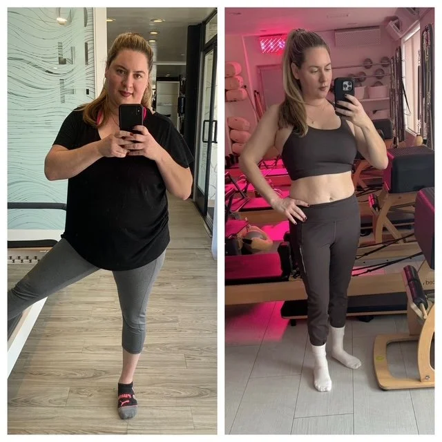 The "before" Pilates shot (2024) to after (Jan. 2026)