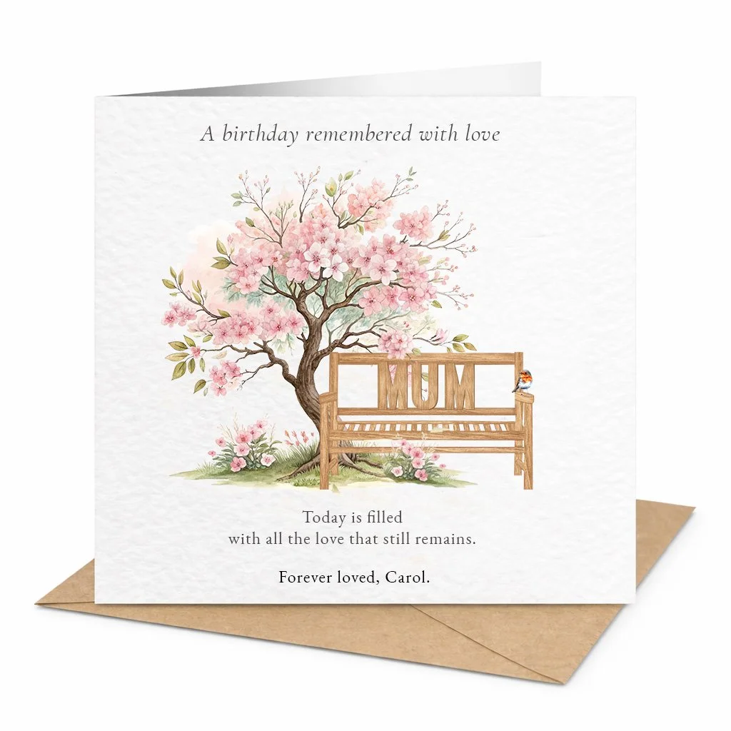 Personalised Birthday Remembrance Card | Blossom Tree Bench Design | In Memory Of Mum, Dad, Nana, Grandad Or Loved One