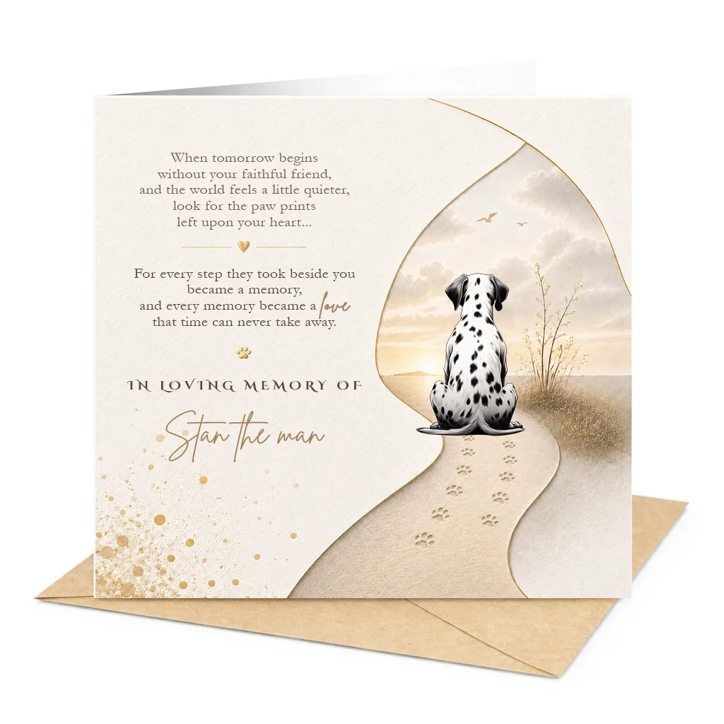 Personalised Dalmatian memorial sympathy card featuring a rear view of a Dalmatian sitting on a peaceful path with paw prints, personalised pet remembrance card with custom dog name.
