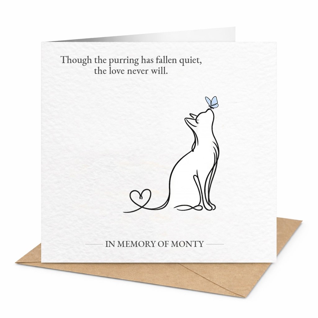 Personalised cat memorial card featuring a simple line art cat illustration with a blue butterfly detail and custom name, created to remember a beloved pet
