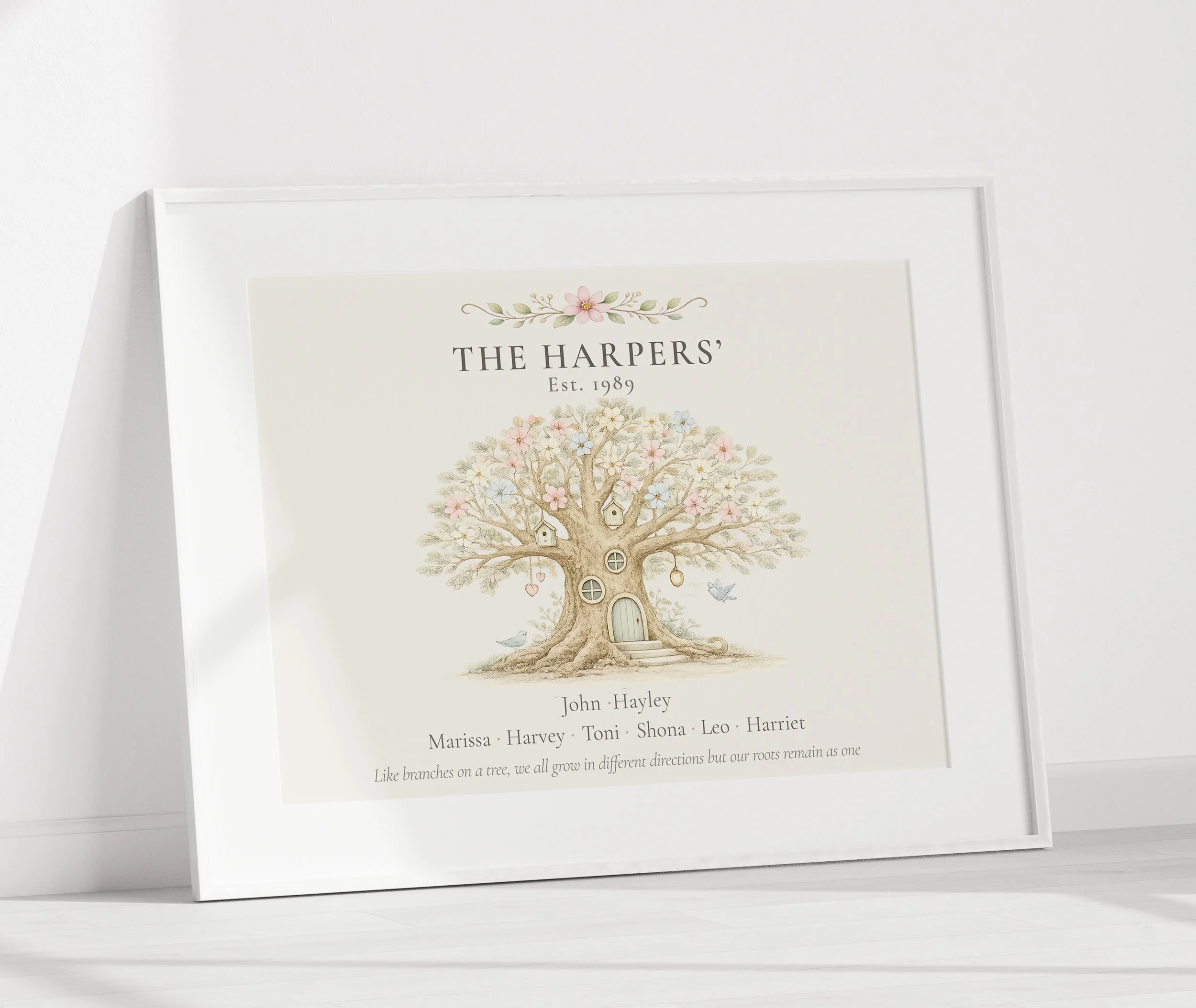 Personalised family tree print in an elegant wooden frame, custom family keepsake gift with names and established year.