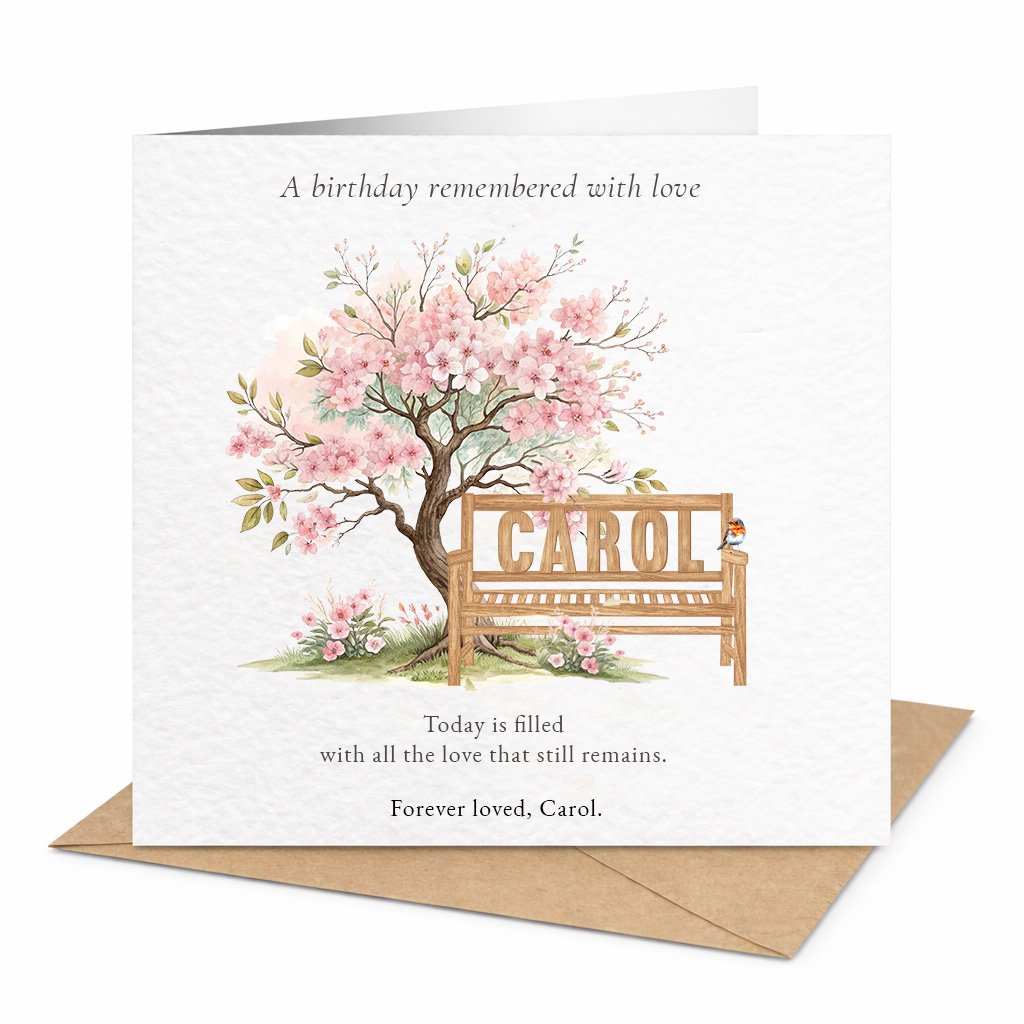 Personalised birthday remembrance card with blossom tree and engraved style memory bench featuring Carol name, a heartfelt in memory of a loved one card