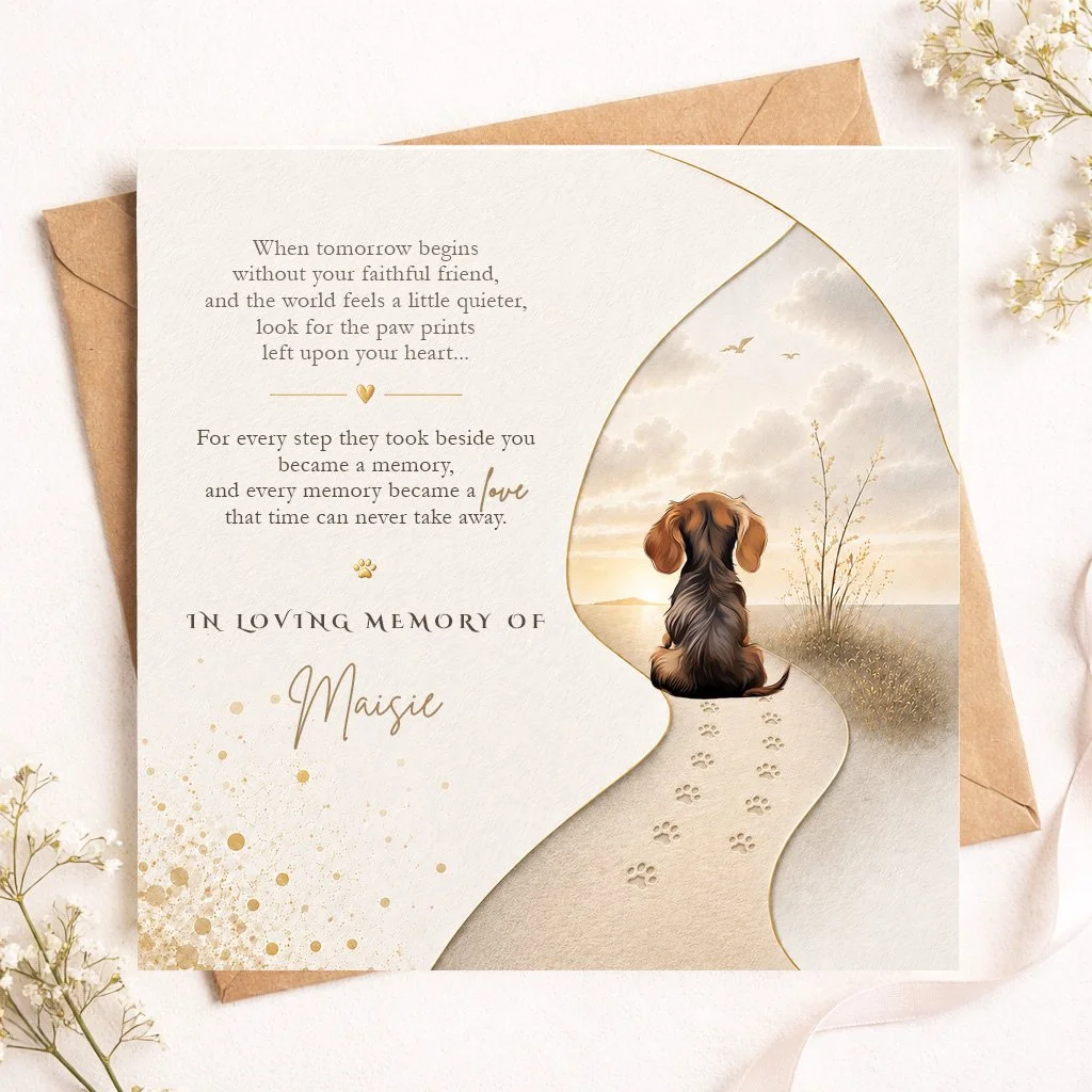 Personalised Yorkshire Terrier memorial sympathy card featuring a rear view of a brown dog sitting on a peaceful path with paw prints, personalised pet remembrance card with custom dog name.