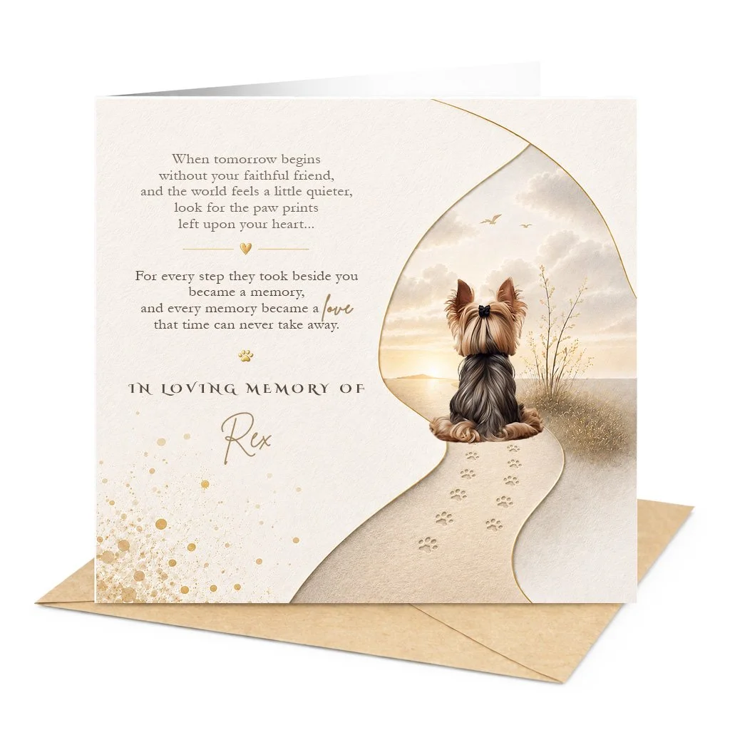 Personalised Yorkshire Terrier memorial sympathy card featuring a rear view of a Yorkshire Terrier sitting on a peaceful path with paw prints, personalised pet remembrance card with custom dog name.