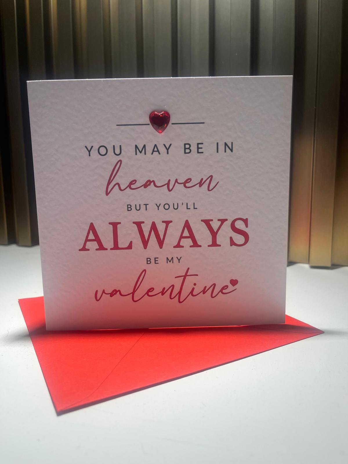 Memorial Valentine’s Day card displayed on pastel background, bereavement keepsake card