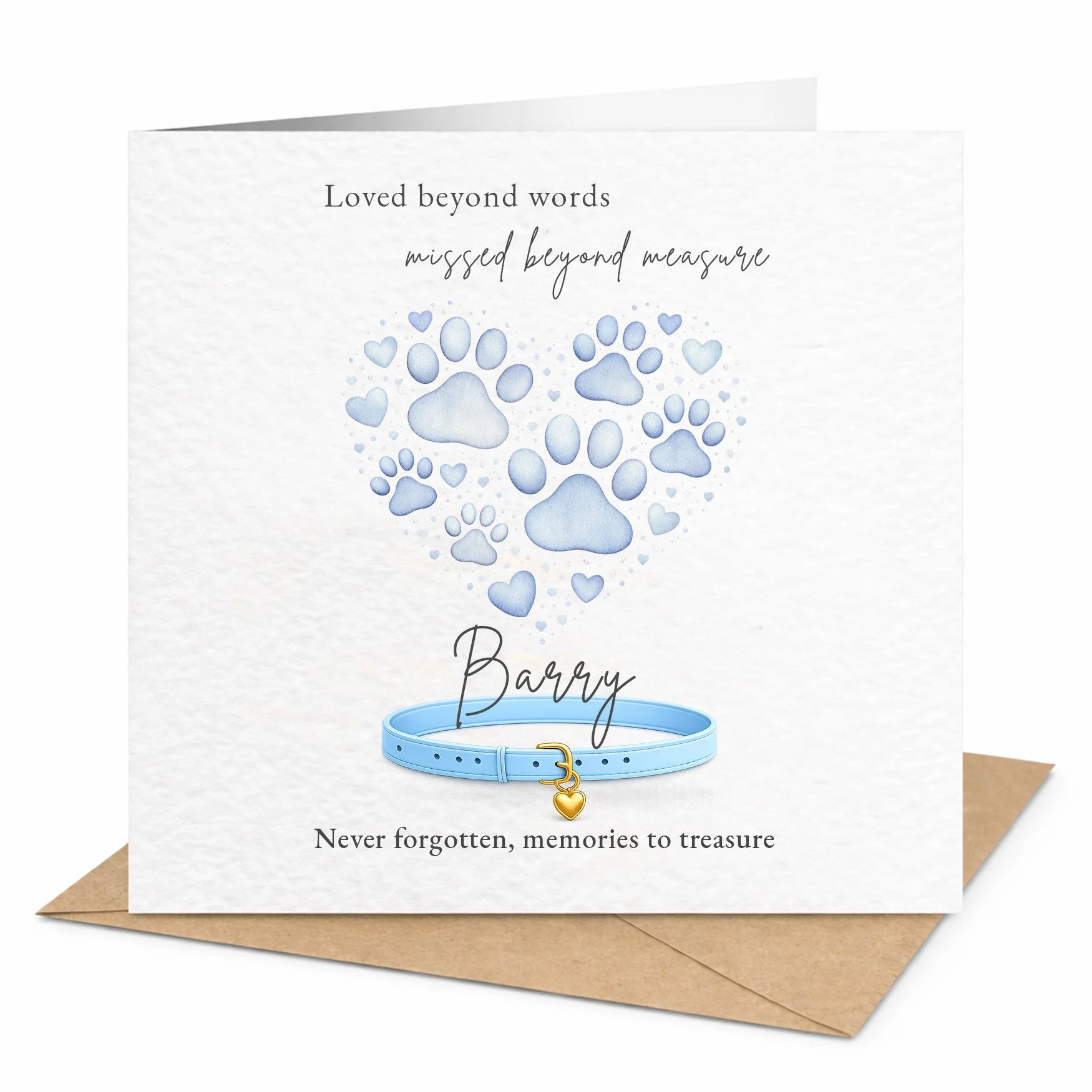 Personalised blue pet memorial card with paw print heart, blue cat collar and custom pet name printed on premium hammered cardstock. (Copy)