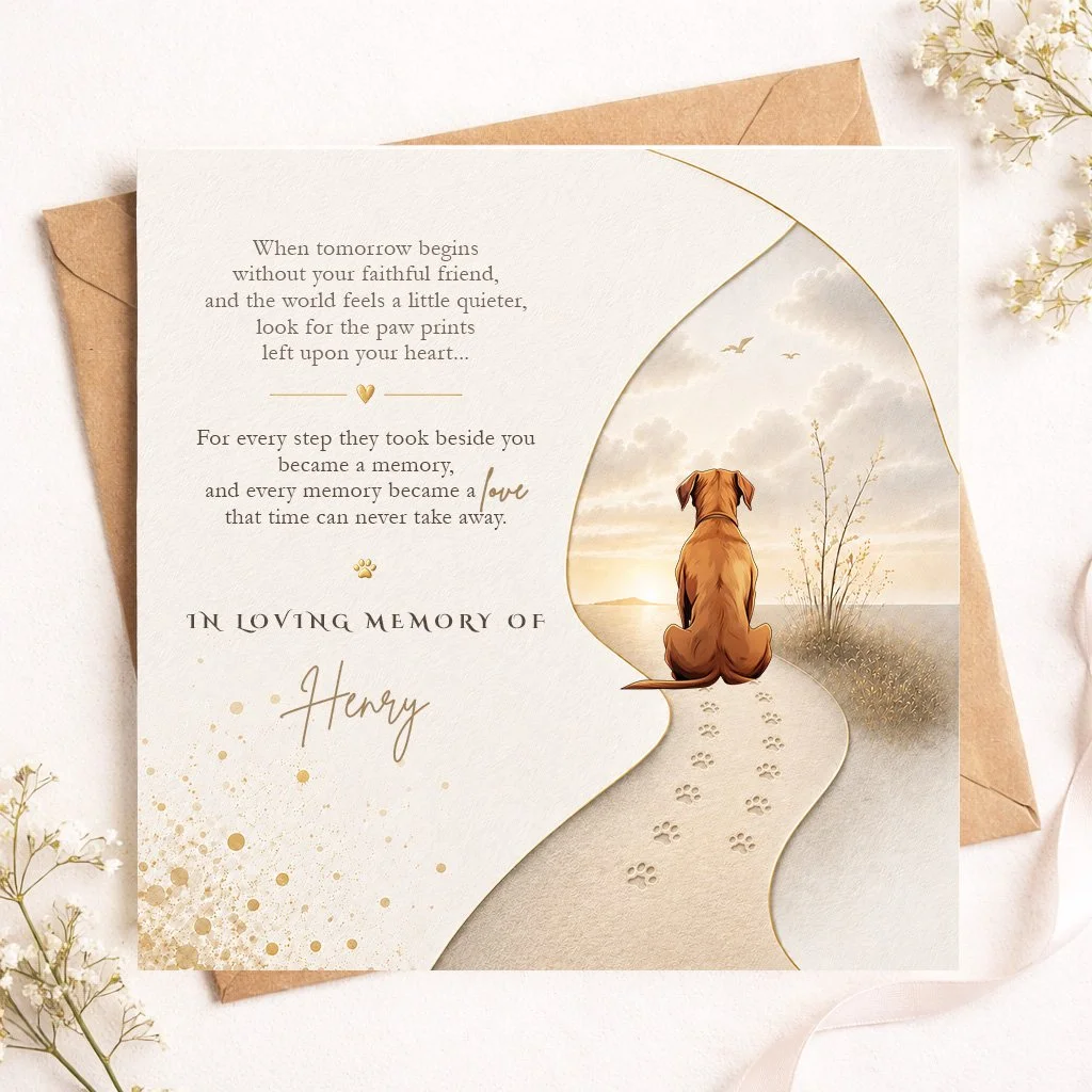 Personalised Yorkshire Terrier memorial sympathy card featuring a rear view of a red dog sitting on a peaceful path with paw prints, personalised pet remembrance card with custom dog name.