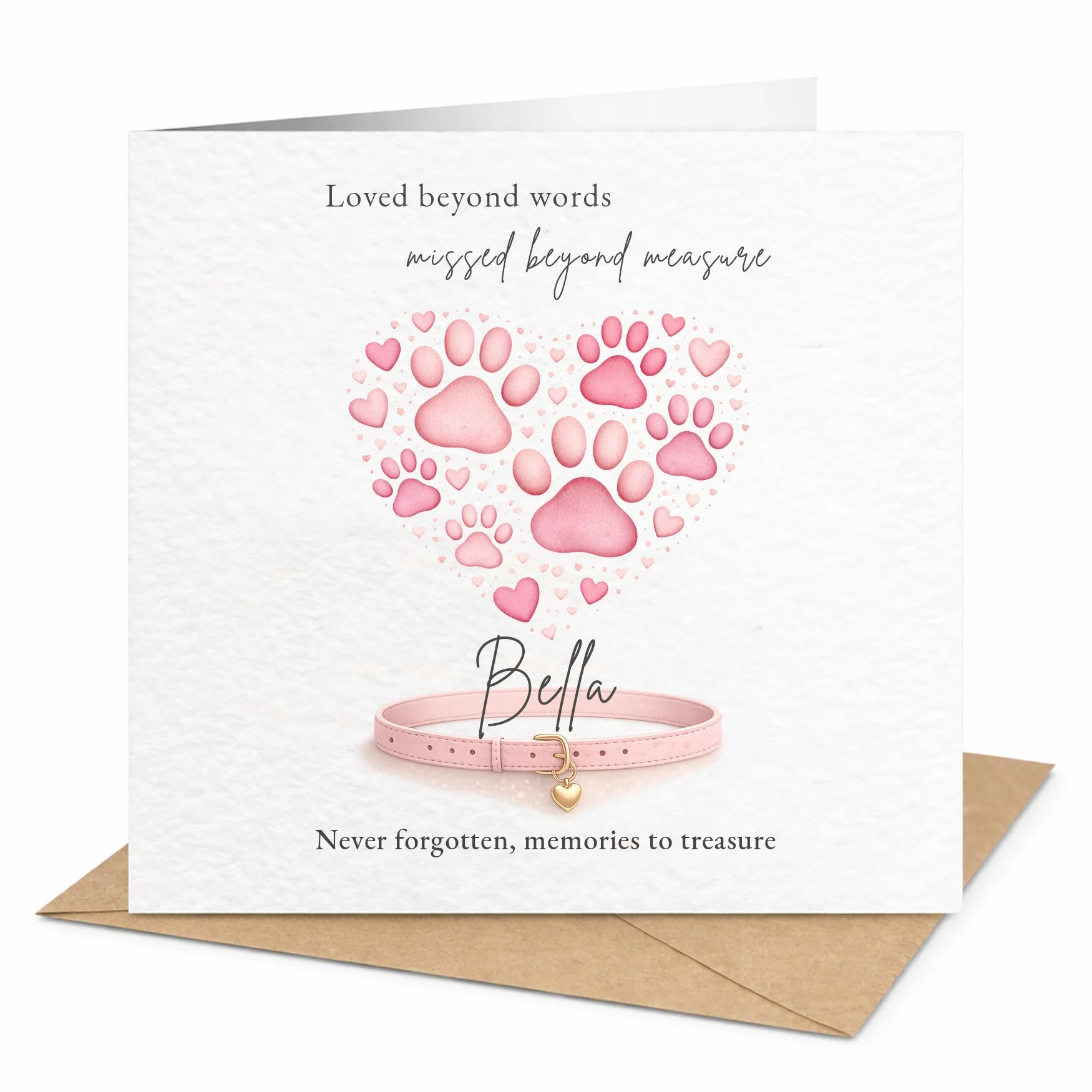 Personalised pink pet memorial card with paw print heart, pink cat collar and custom pet name on luxury hammered cardstock. (Copy)