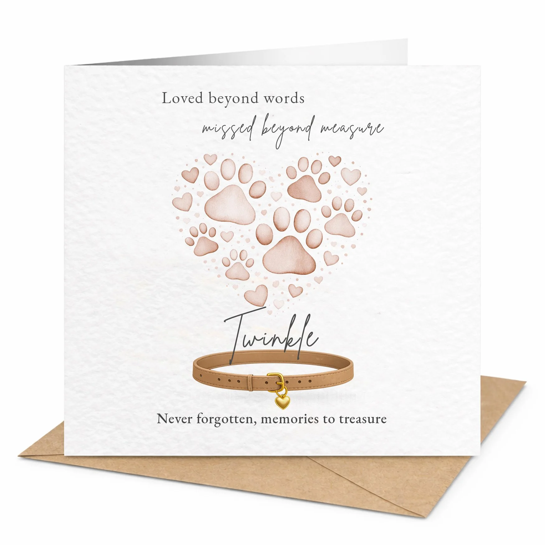 Personalised brown pet memorial card featuring a paw print heart, brown cat collar and personalised pet name on textured hammered card. (Copy)