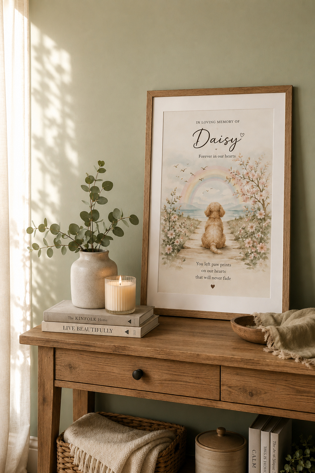 Personalised pet memorial print in oak frame with rainbow bridge artwork, handmade by Memories Kept UK.