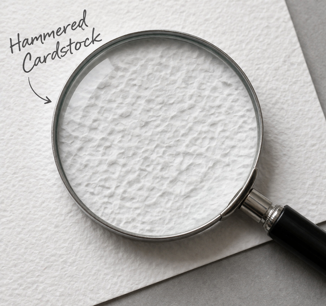 Close-up of premium hammered cardstock texture showing the luxury textured finish used for handmade memorial and remembrance cards