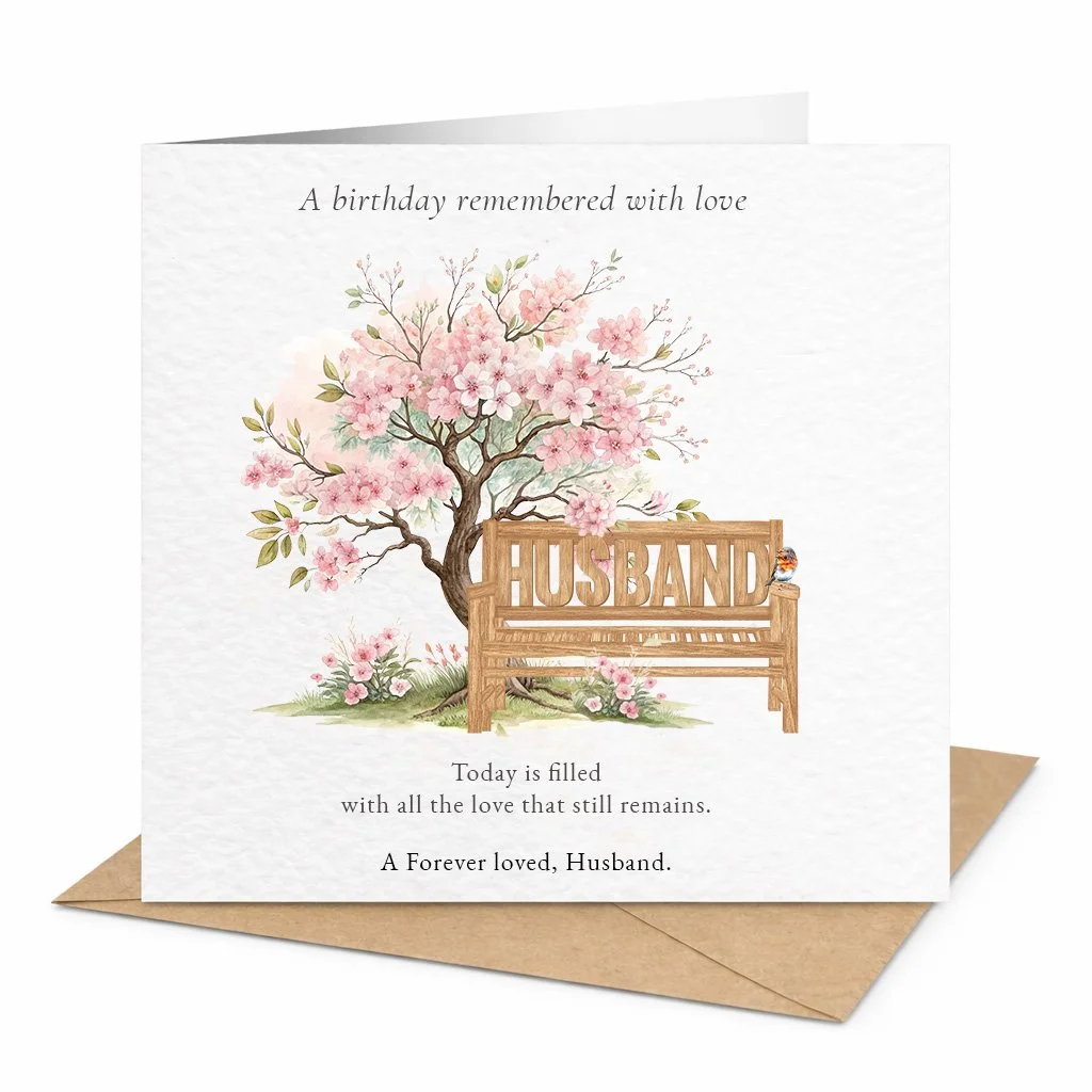 Personalised birthday memorial card with blossom tree, wooden bench and custom Husband name, a thoughtful remembrance card for a loved one