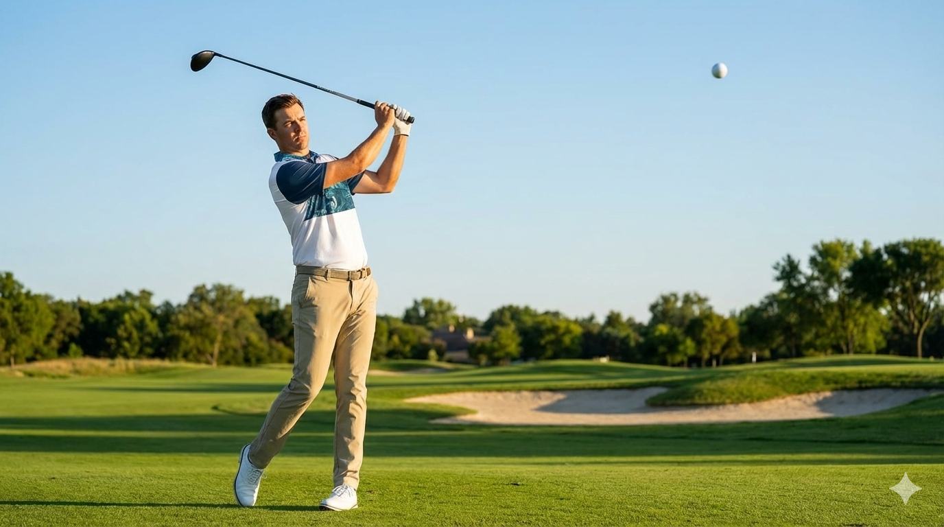 A man in a white and blue polo shirt and khaki pants playing golf on a course with a golf club and ball in the air.