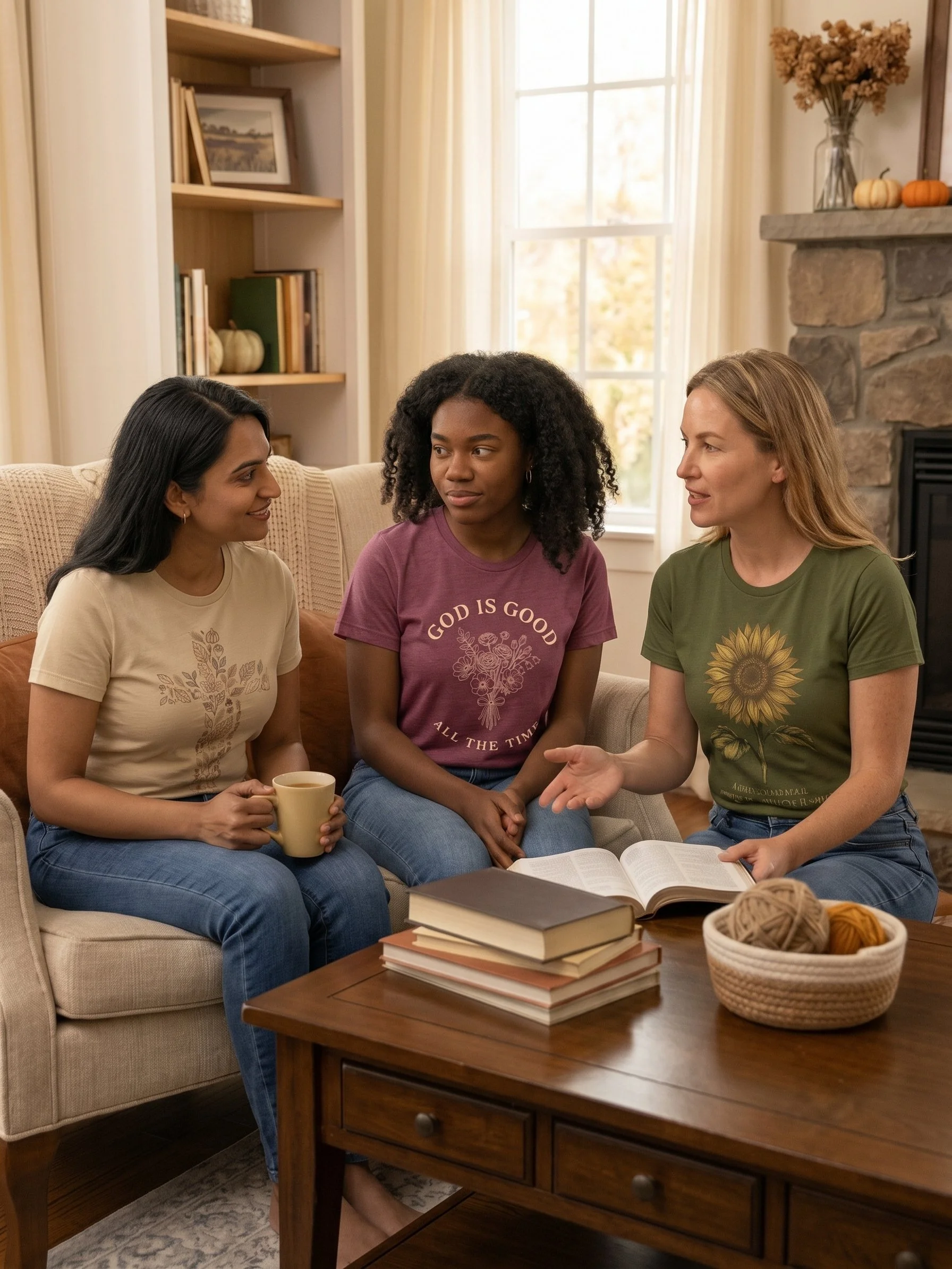 Three women sitting on a beige couch, having a discussion in a cozy living room with a brick fireplace. One woman is holding a mug, and there are books and yarn on the table in front of them.