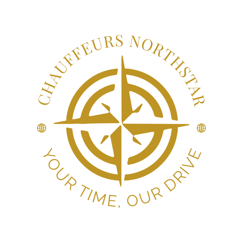 Gold Chauffeurs Northstar logo featuring a compass emblem and the slogan “Your Time, Our Drive” on a black background