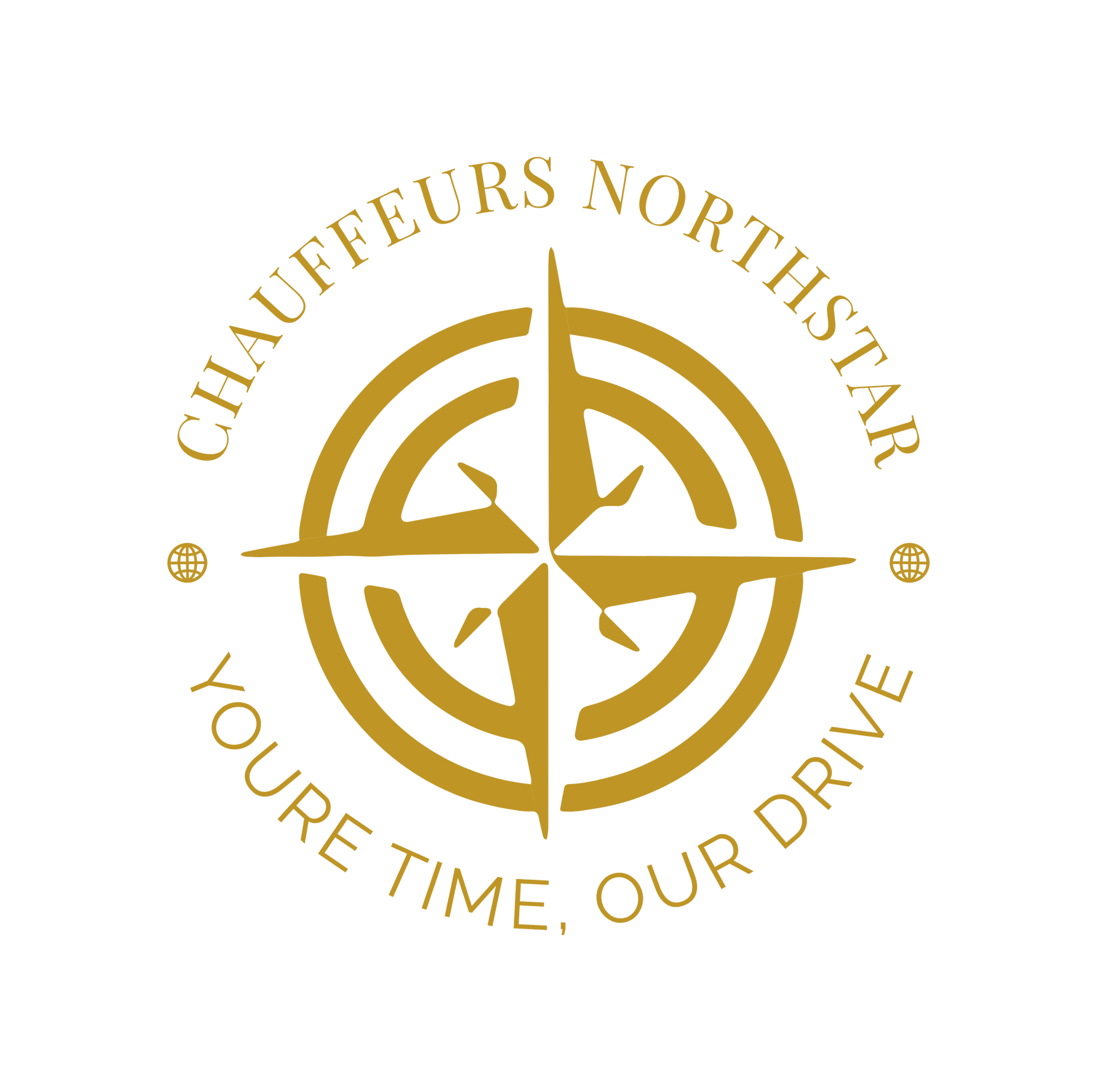 Gold emblem with a compass design surrounded by the text 'Chauffeurs Northstar' at the top and 'You're time, our drive' at the bottom on a black background.