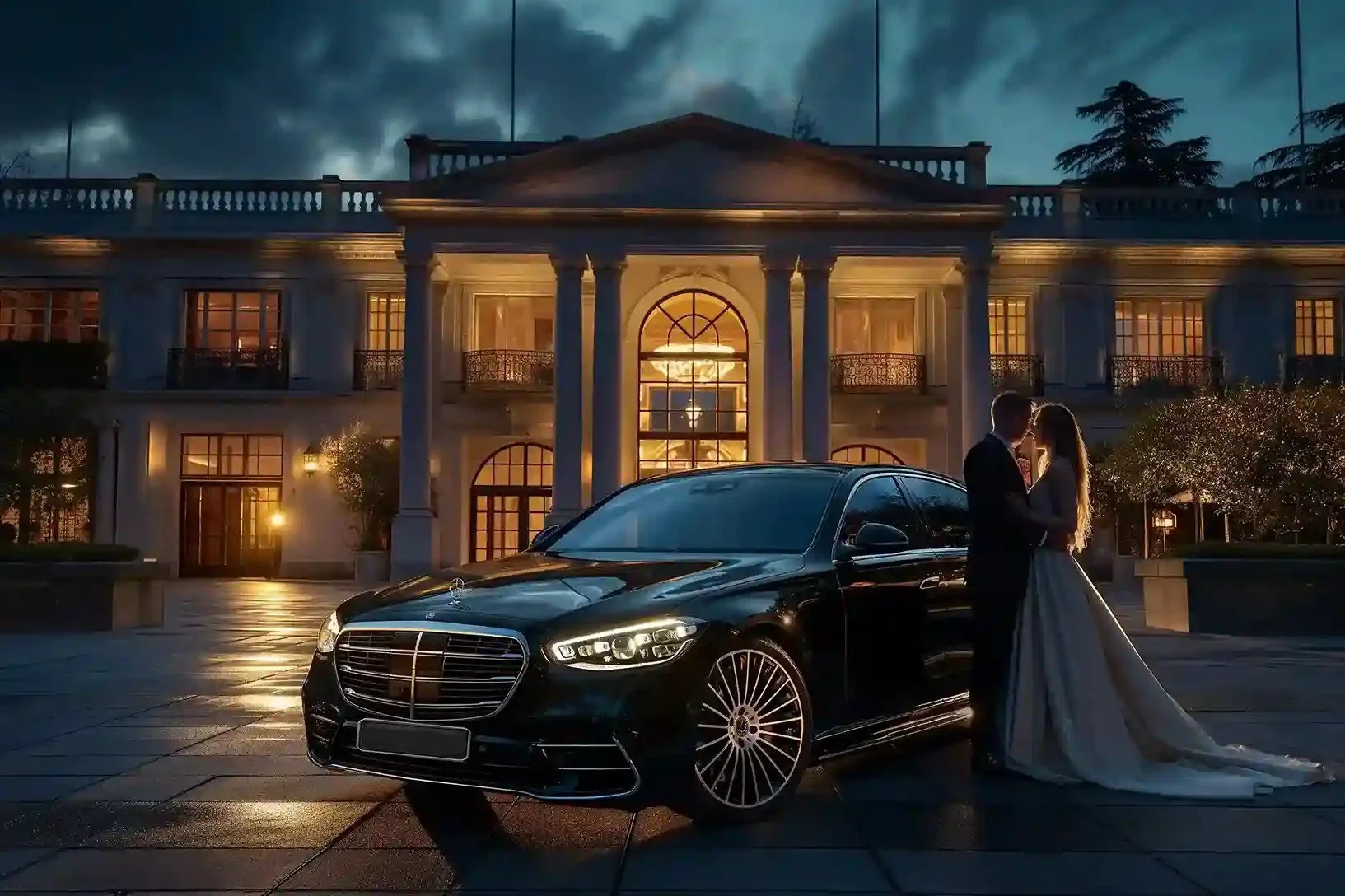 A bride and groom stand close together in front of a black luxury car, with an elegant mansion illuminated behind them during dusk.