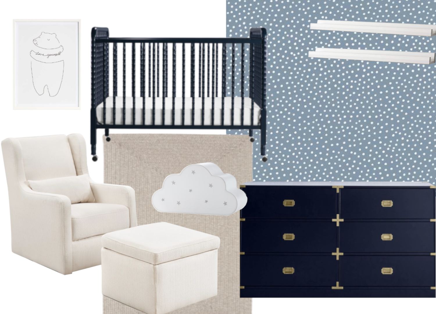 Collage of nursery furniture and decor. Includes a white armchair with matching ottoman, a black crib with white mattress, a navy blue dresser with brass handles, a changing pad, floating white shelves, a framed line drawing of a bear with the words 'love yourself,' and a cloud-shaped wall light with stars.