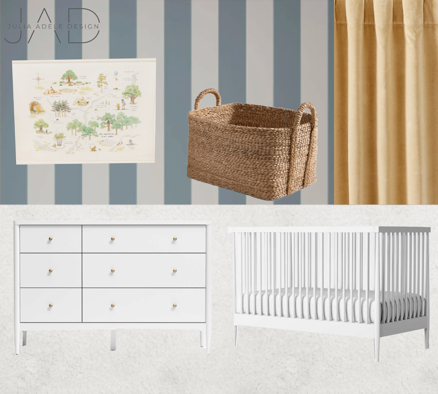 A living room with a blue and white striped wall, a poster of a tree illustration, a woven basket, a beige curtain, a white dresser with gold knobs, and a white crib.