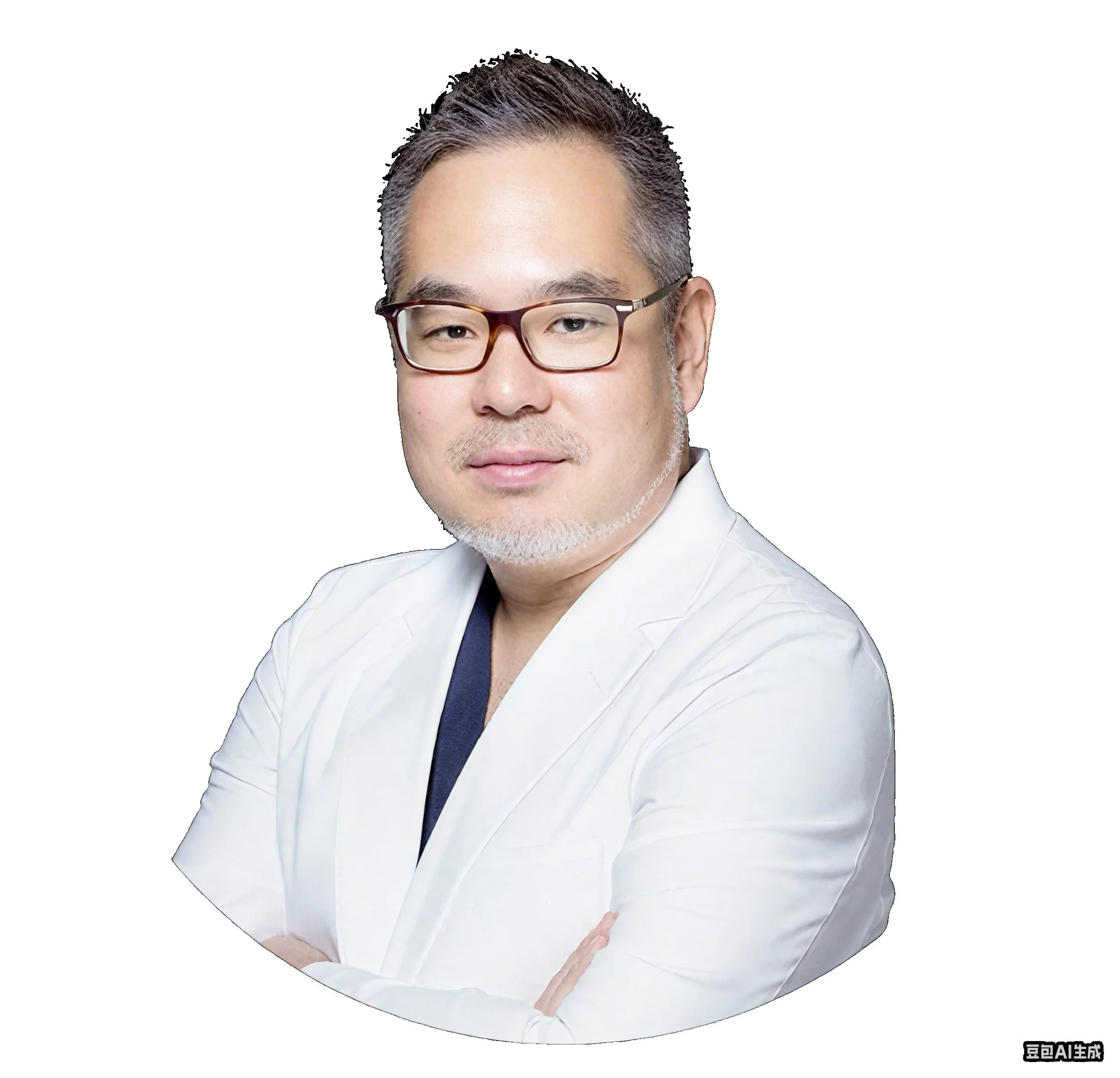 Professional portrait of a man with glasses in a white coat, arms crossed, looking at the camera