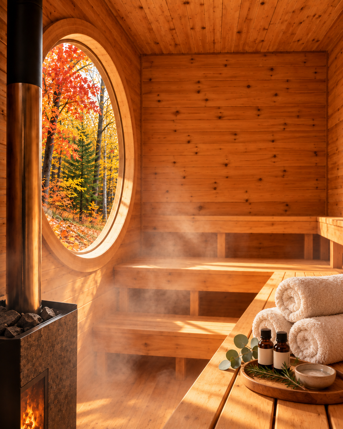 Warm wood sauna interior with a round window, soft steam, rolled towels, herbs and amber oil bottles.