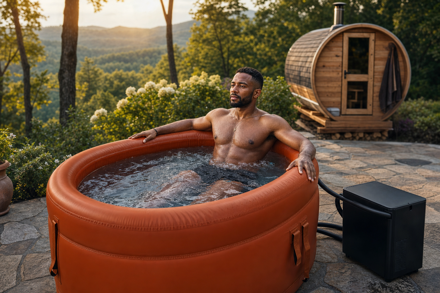 Athlete recovering in an orange Big Tex cold plunge beside a cedar sauna in Upstate New York