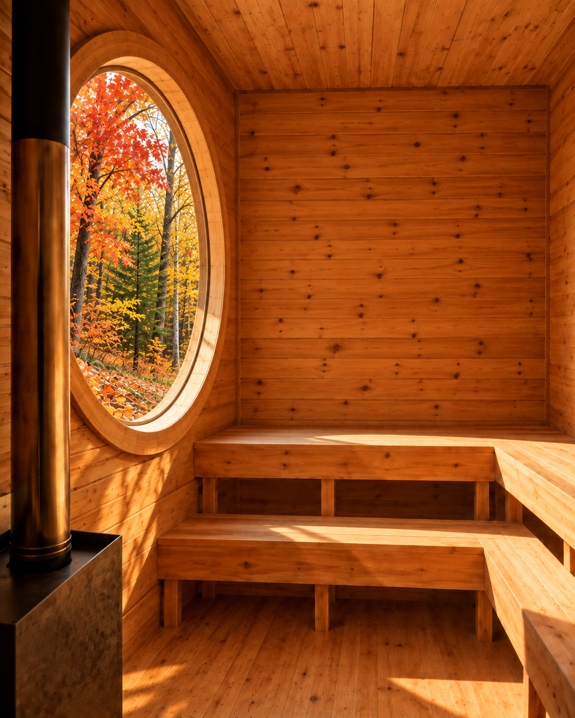 Warm wooden sauna with one large round window beside the wood-burning stove, overlooking colorful Upstate New York autumn woodland.
