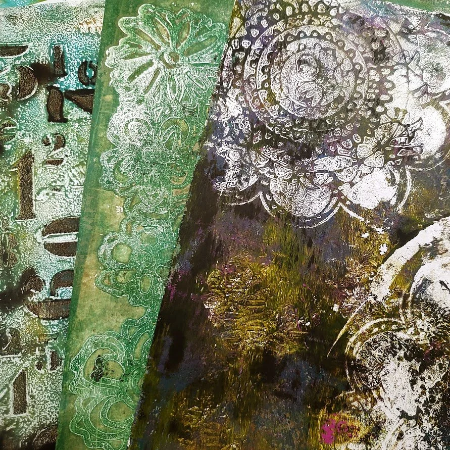 Gelli Printing Play, Grungy Flowers, and Layered Ephemera - Part 1