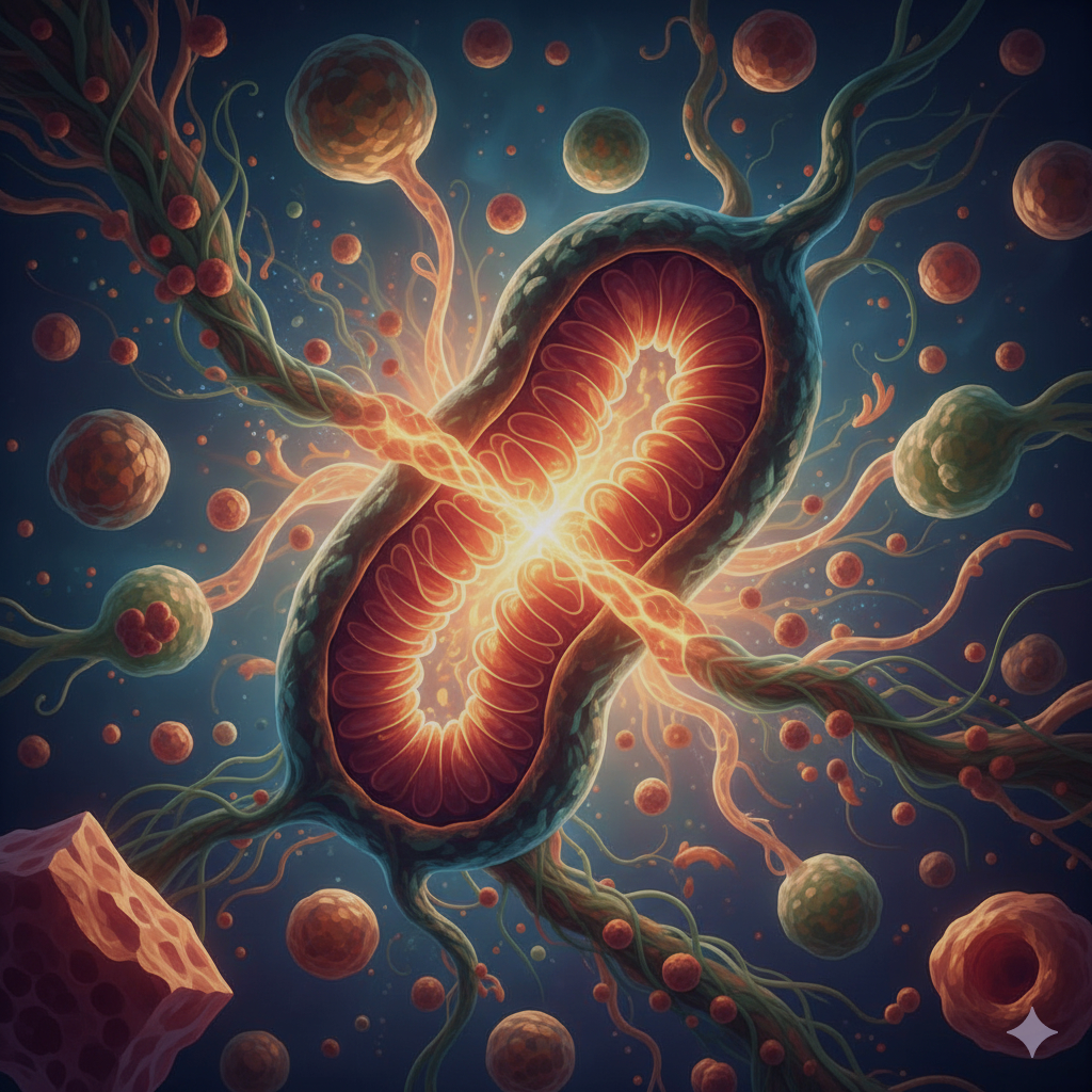 A depiction of a mitochondrion energising the cell around it