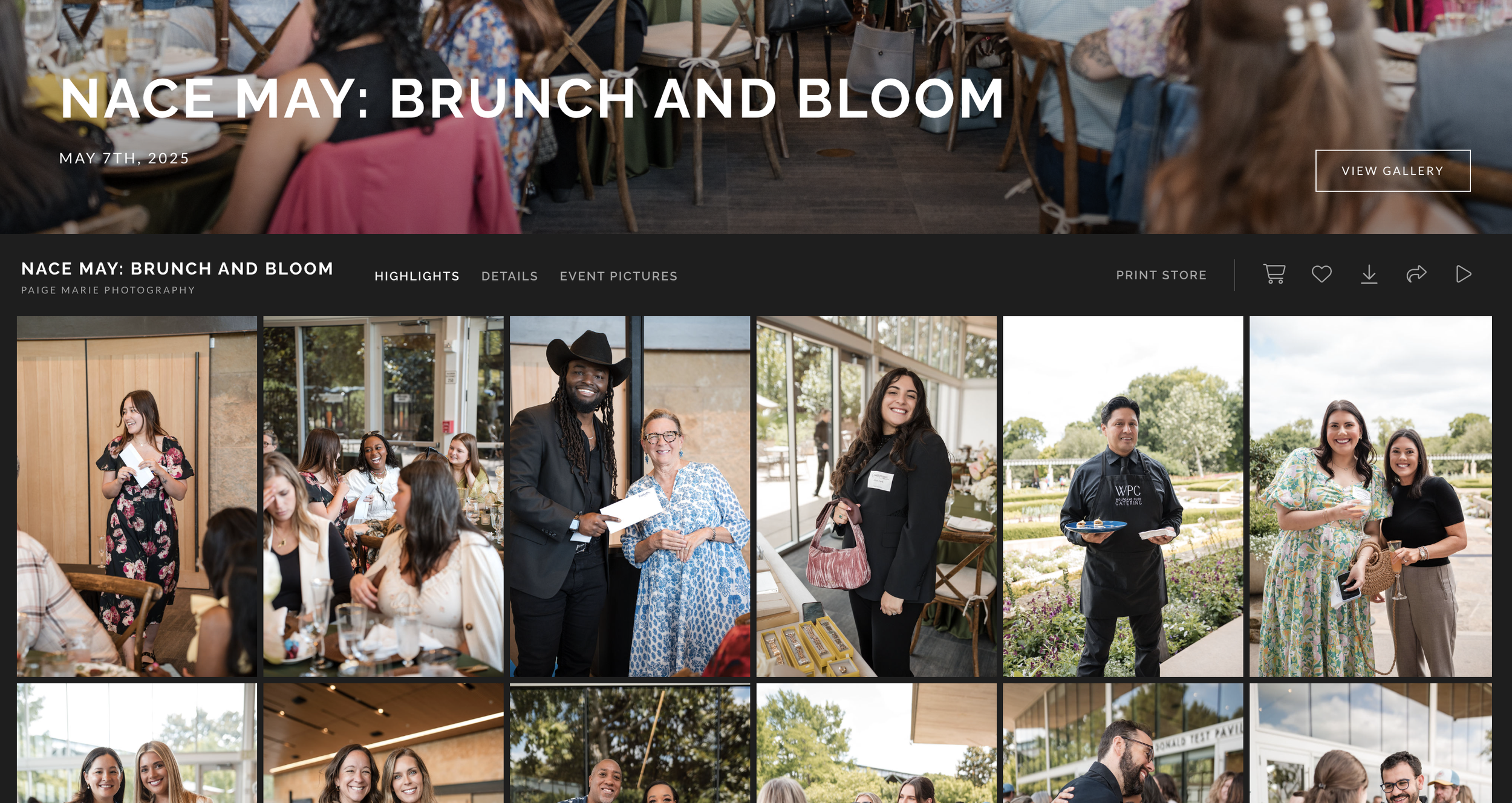 Screenshot of a webpage displaying photography event titled 'NACE MAY: BRUNCH AND BLOOM' with various photos of people at a brunch event in outdoor and indoor settings, including groups socializing, a caterer, and a woman speaking to an audience.