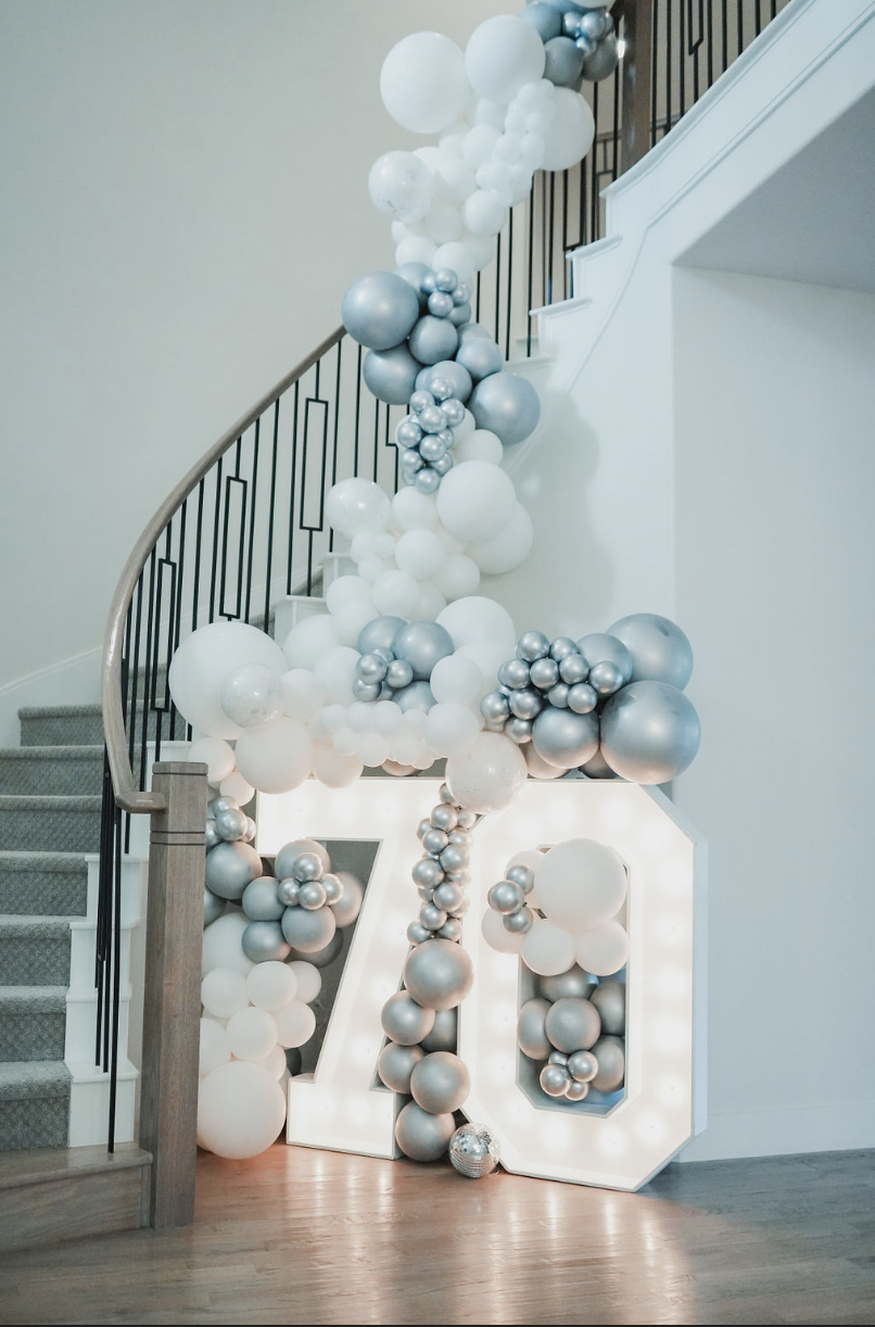 Decorative staircase with white and silver balloons surrounding a large illuminated number 7.