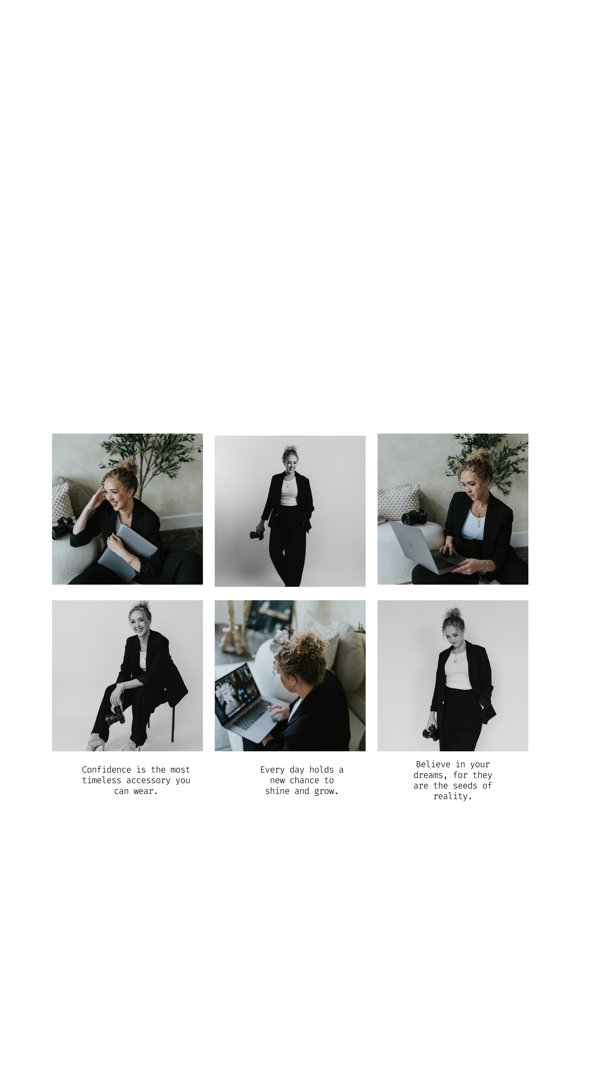 Collage of six images of a woman in various poses, mostly working on a laptop or with a camera, with motivational quotes about confidence and growth.