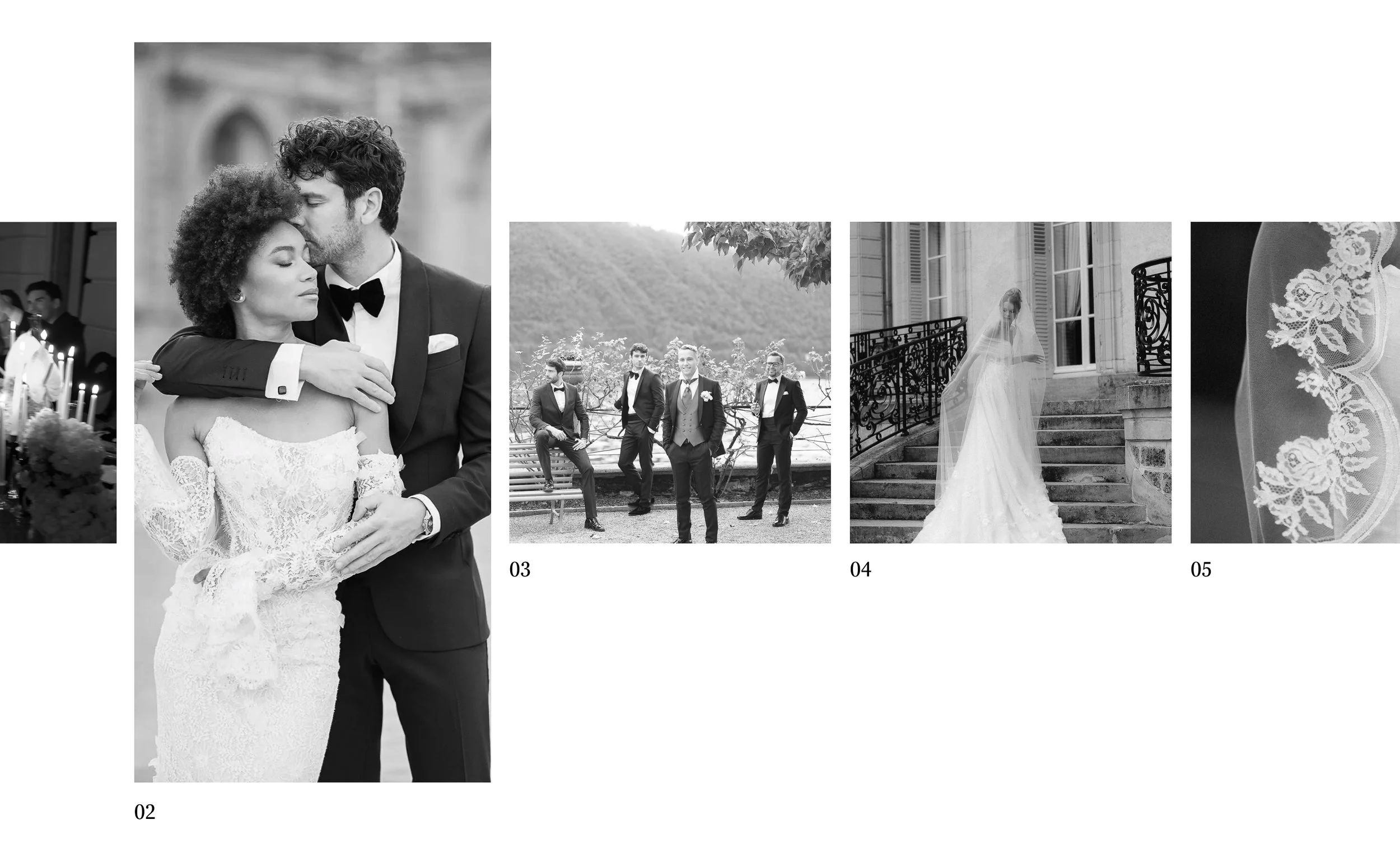 Collection of black and white images related to a wedding, including a couple embracing, a group of men in suits outdoors, a bride on stairs, and close-up of lace fabric.
