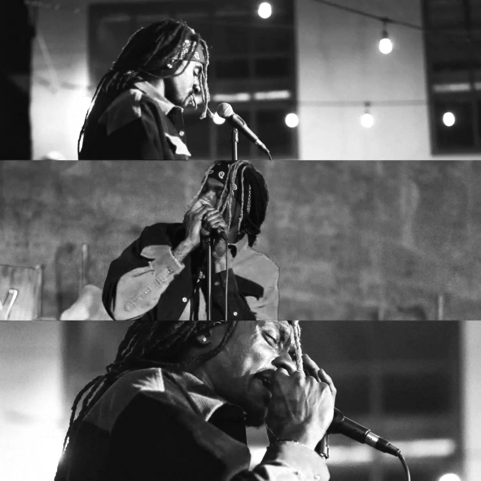 Three black and white photos of a musician with dreadlocks singing into a microphone, each showing different expressions.