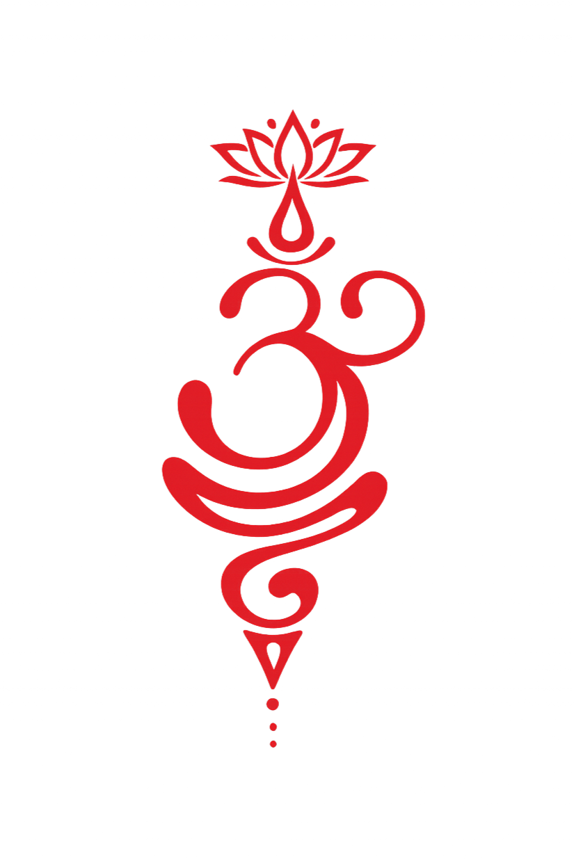 A red OM logo featuring a lotus flower