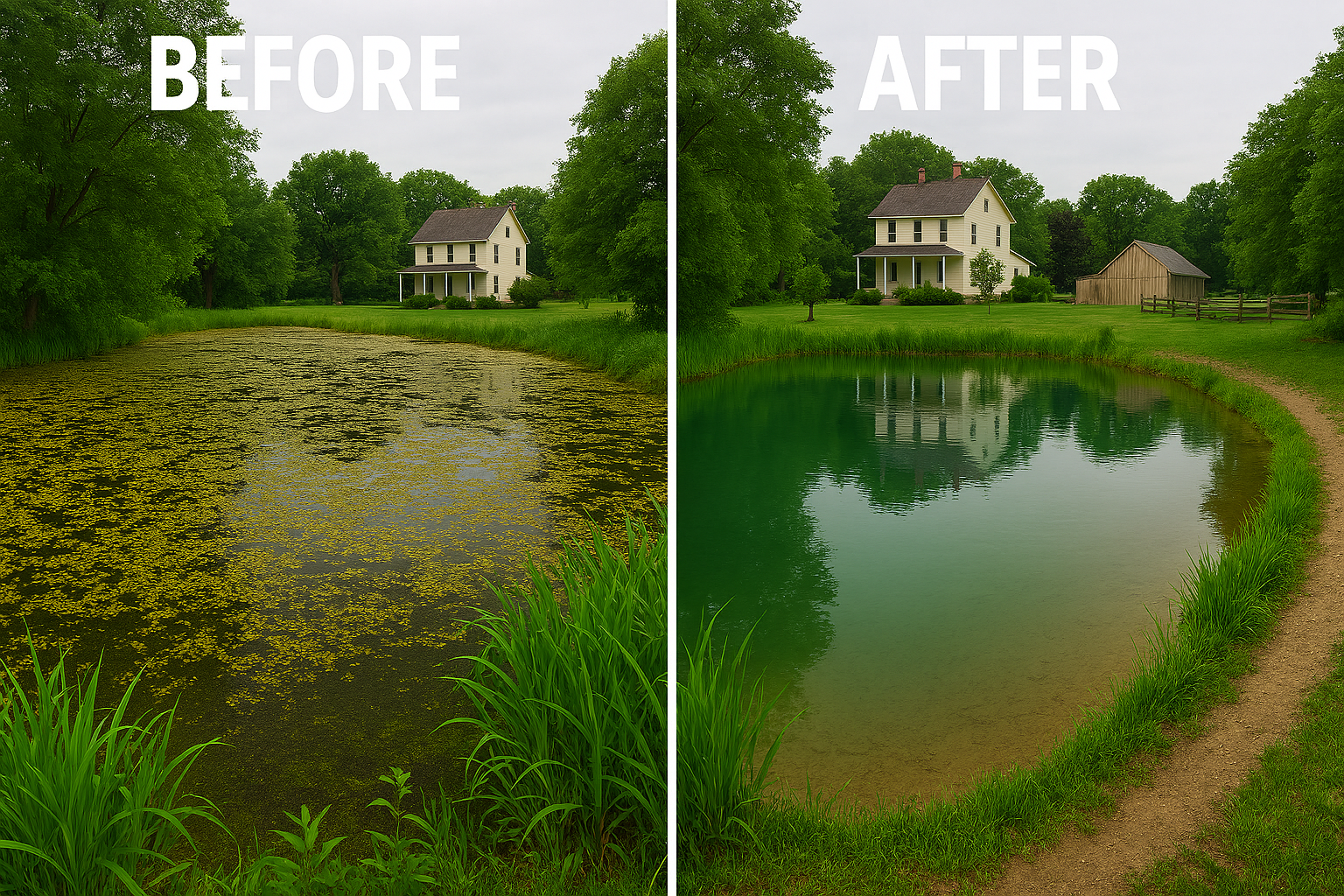 A split view of a pond near a house, showing it before and after cleaning. The left side shows the pond covered with green algae or duckweed, while the right side shows clear water with reflections of trees and the house.