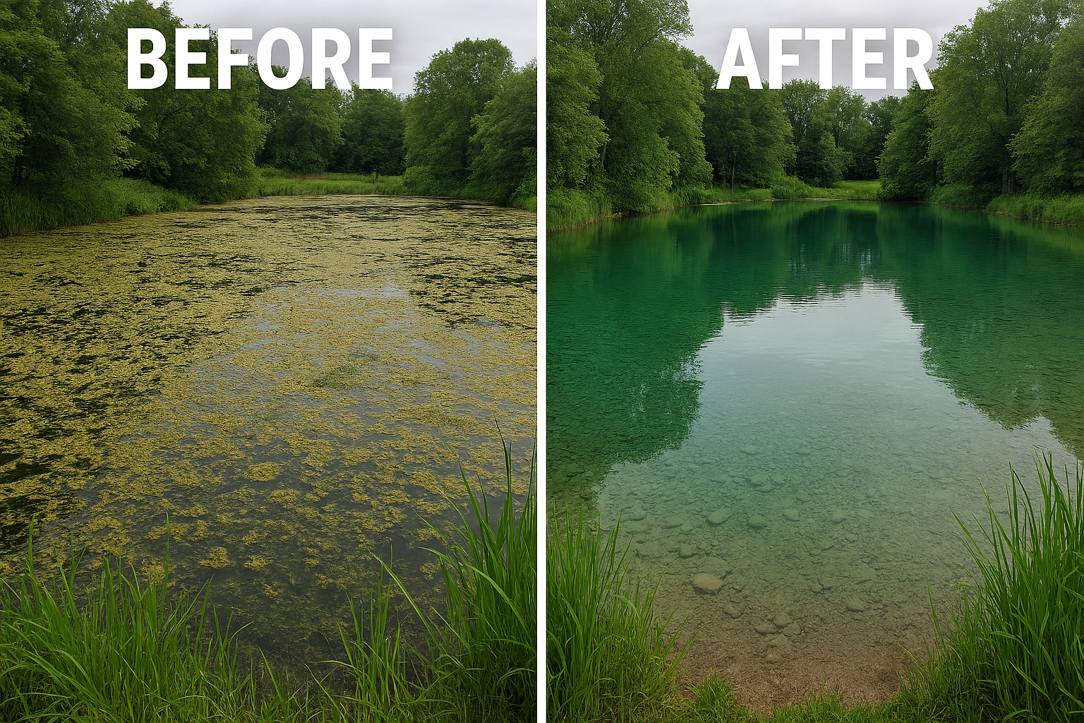 Comparison of a lake before and after cleaning. The left side shows a lake covered with yellow-green algae, and the right side shows the same lake clear with transparent water and visible rocks at the bottom, surrounded by green trees and grass.