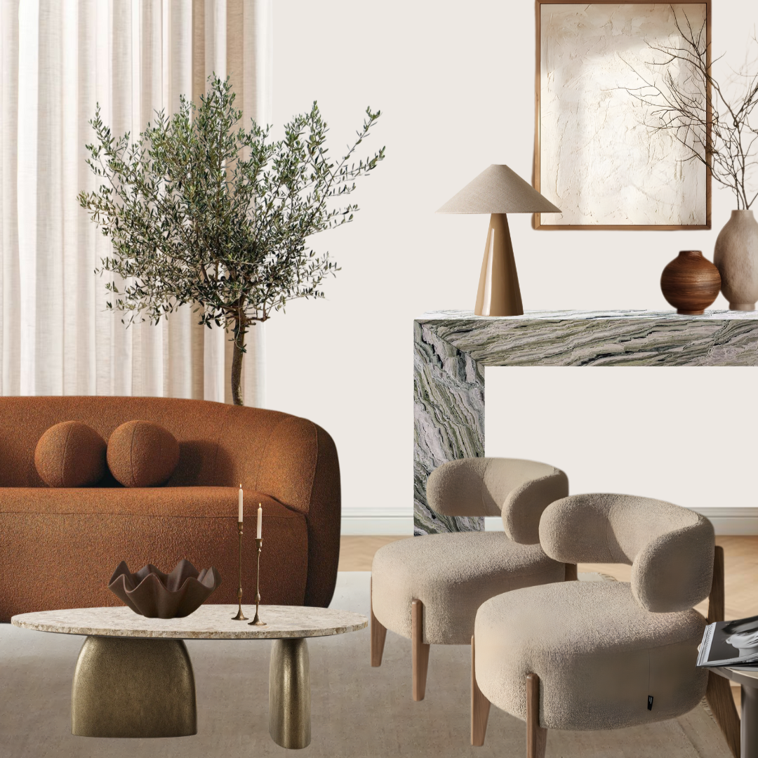 Living room with a brown sofa, two beige armchairs, and a marble console table with vases and a table lamp. There is a large potted plant, framed artwork, and a table with a decorative bowl and candles.
