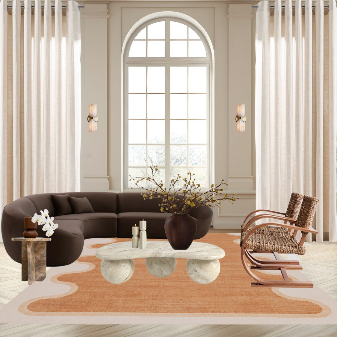 Visual mock-up featuring a luxury living room with arched window, curved sofa, marble coffee table and woven chairs.
