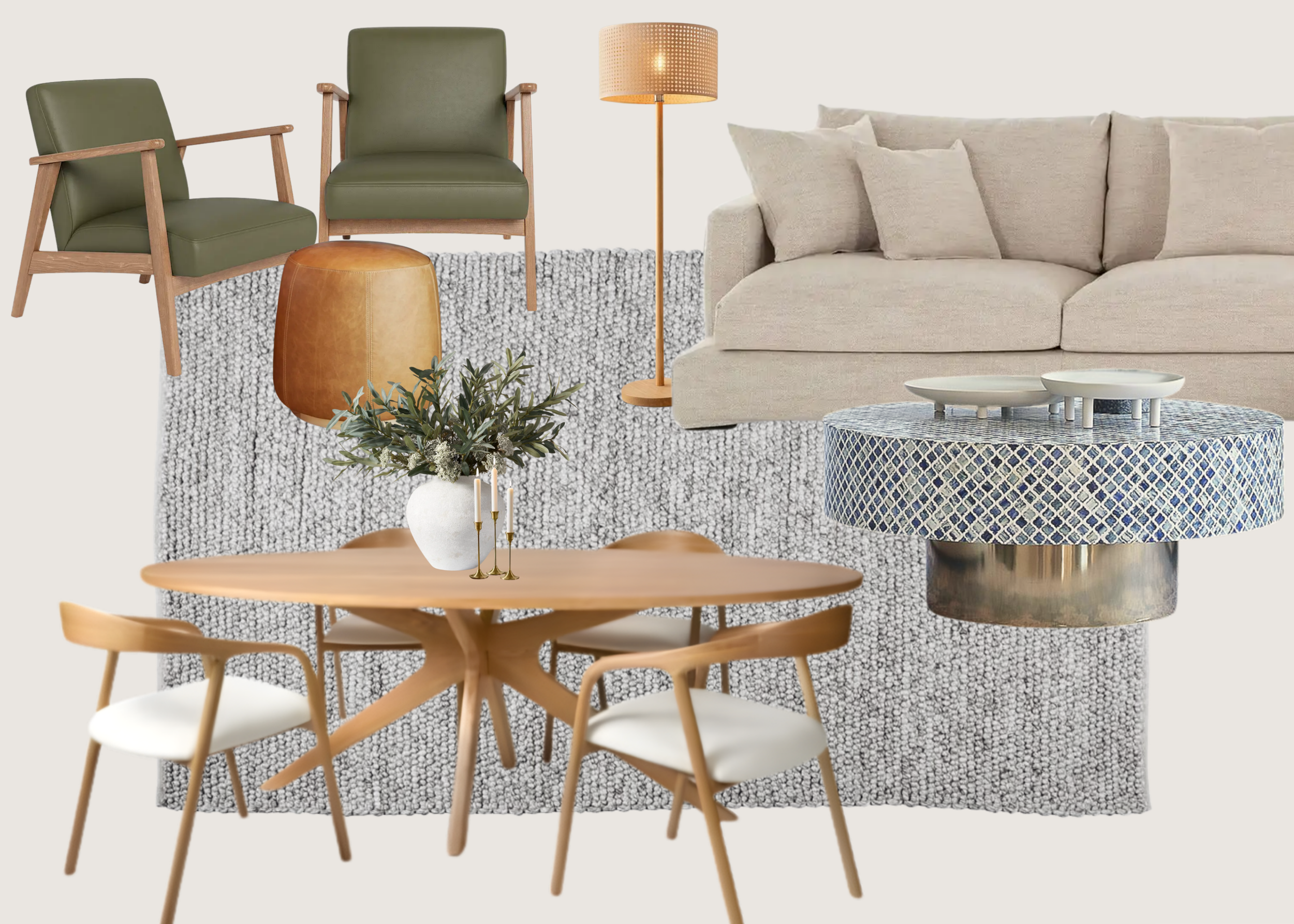 Living room furniture moodboard with neutral sofa, green accent chairs, dining setting and curated décor pieces.