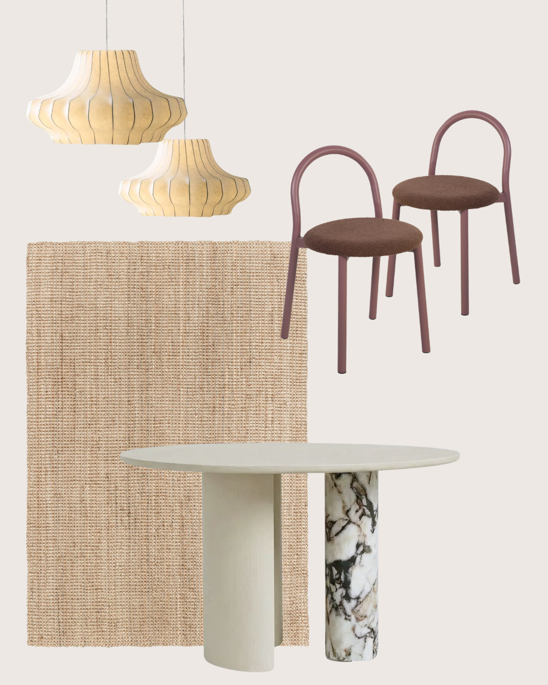 Dining room furniture moodboard featuring Koala Living lighting, Globe West table and Cooper & Co chairs.