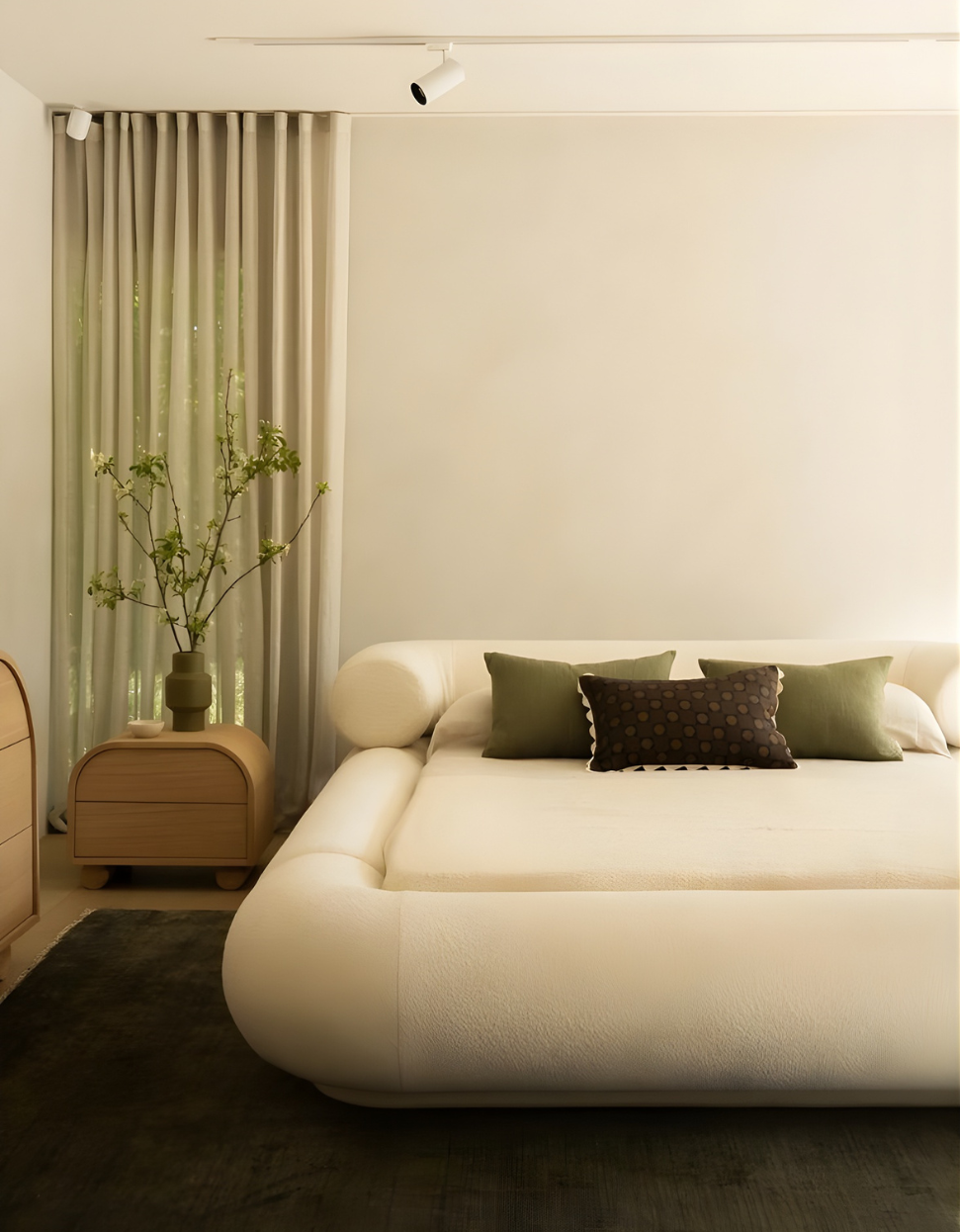 Minimalist living room with curved sofa, soft curtains and calm neutral styling.