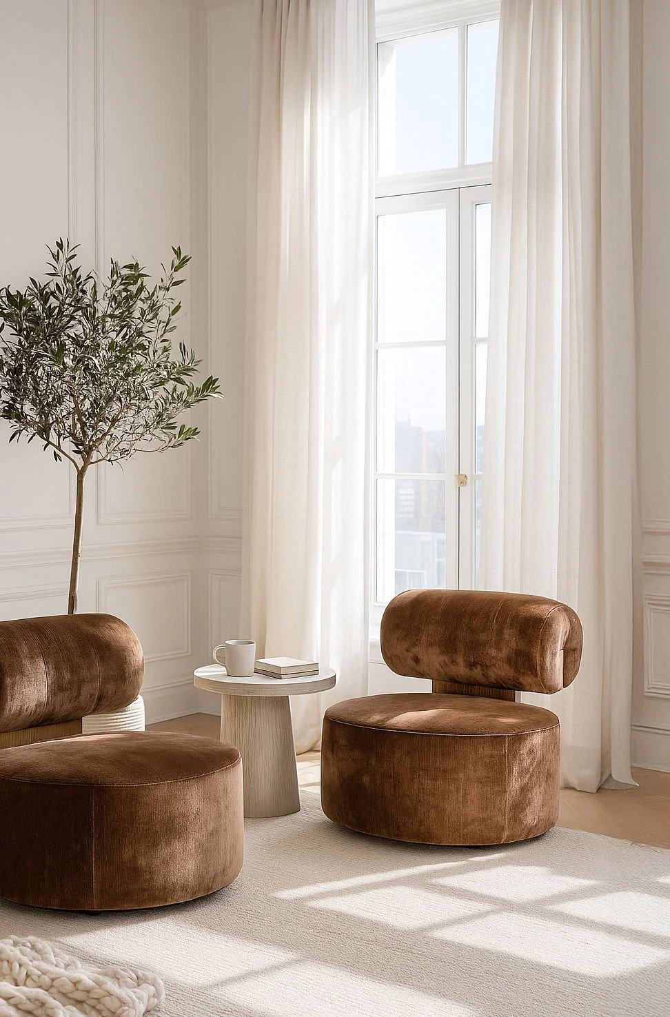 Accent chairs styled in sunlit room with sheer curtains, olive tree and warm neutral interiors.