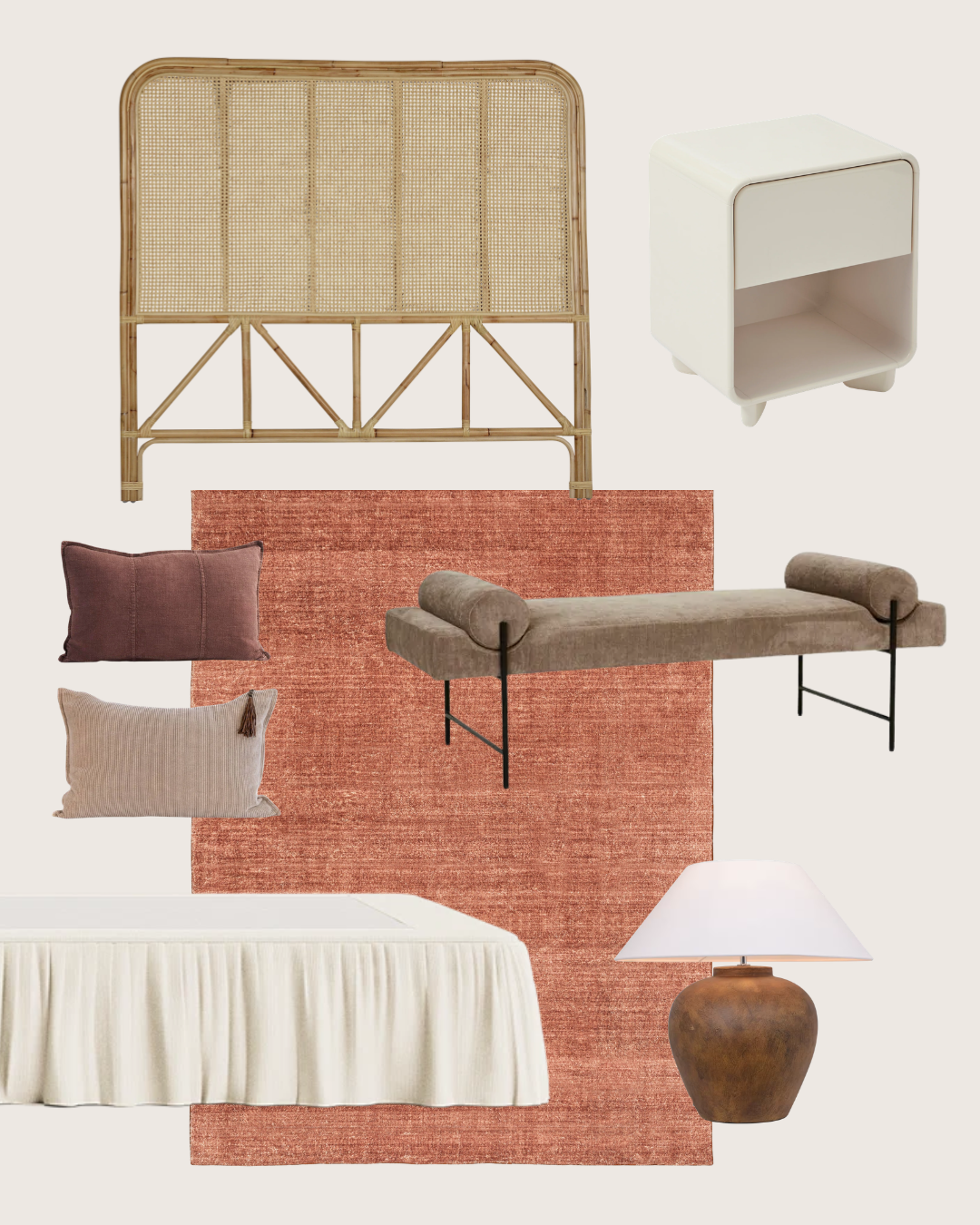 Bedroom moodboard featuring Temple & Webster Hanalei rattan bedhead, GlobeWest bench seat and Miss Amara rug.