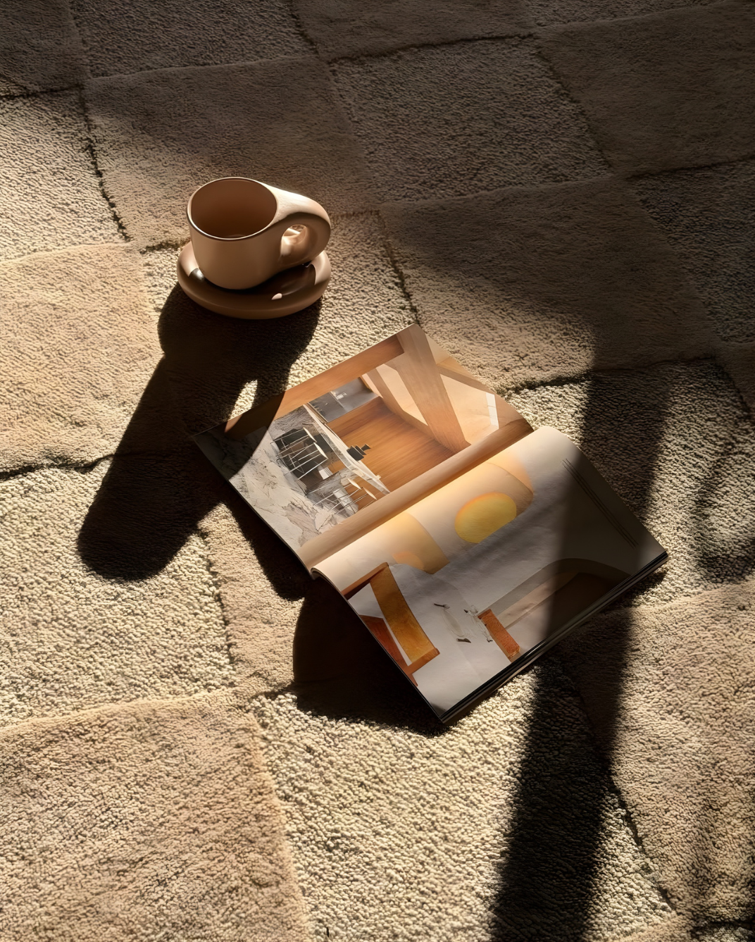 Rug styling moment with magazine, espresso cup and warm natural light.