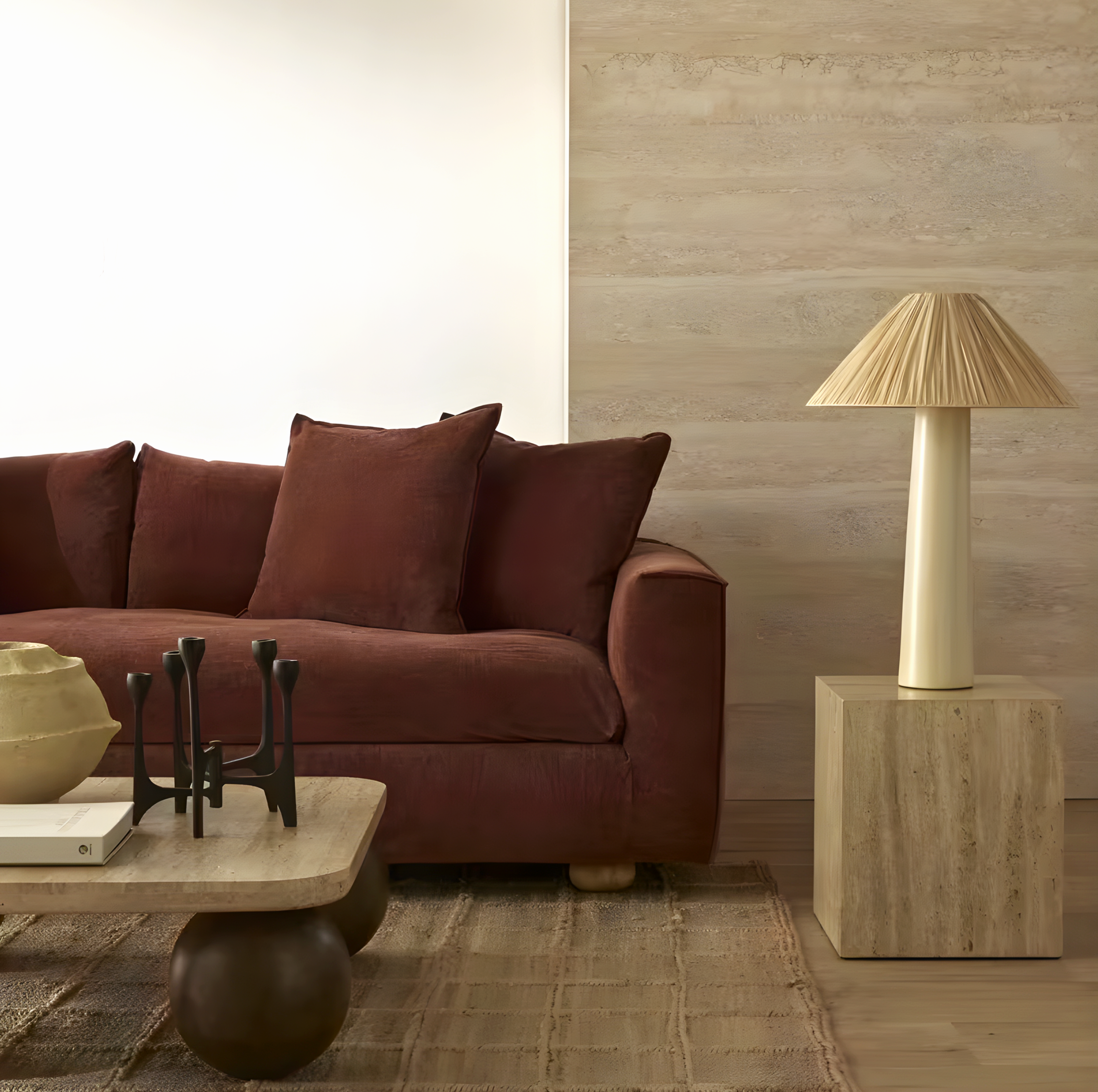 Warm living room styling with rust sofa, textured walls and sculptural lighting.