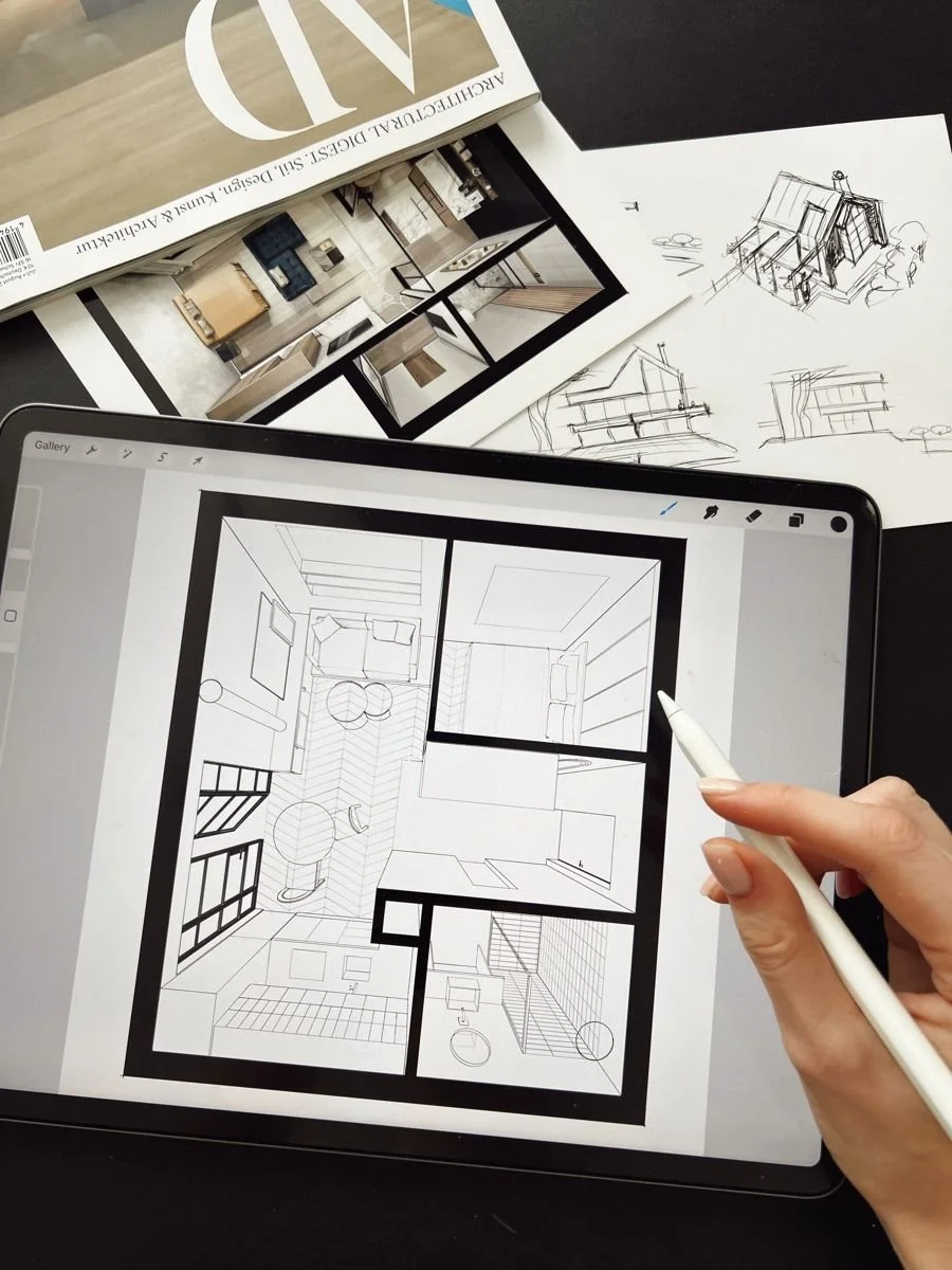 Digital floor plan and interior design concepts showing layout planning before furnishing decisions.