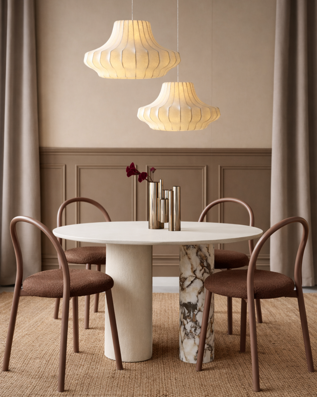 Custom dining room visual mock-up with marble table, statement lighting and blush dining chairs.