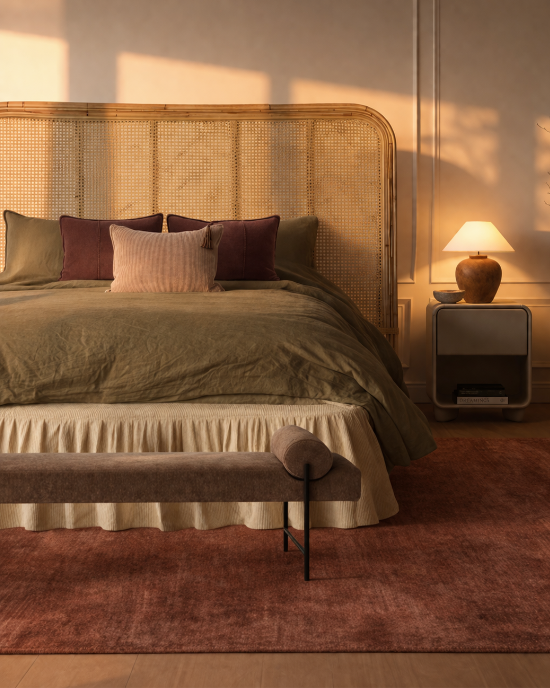 Visual mock up with warm modern bedroom styled with Temple & Webster rattan bedhead, Miss Amara rug and GlobeWest bench seat.
